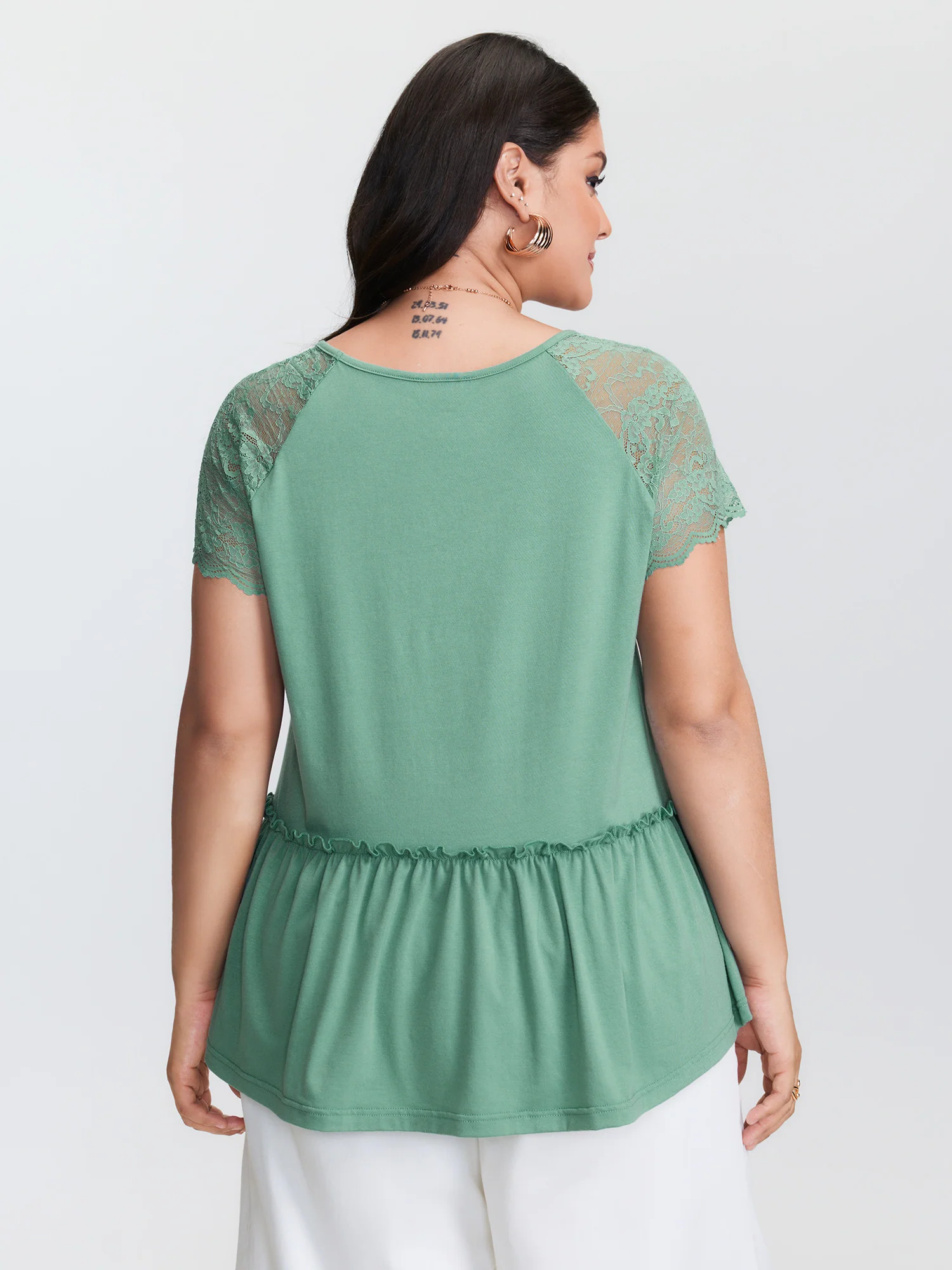 Sheer Lace Sleeve Ruffled Hem T-Shirt - Image 5