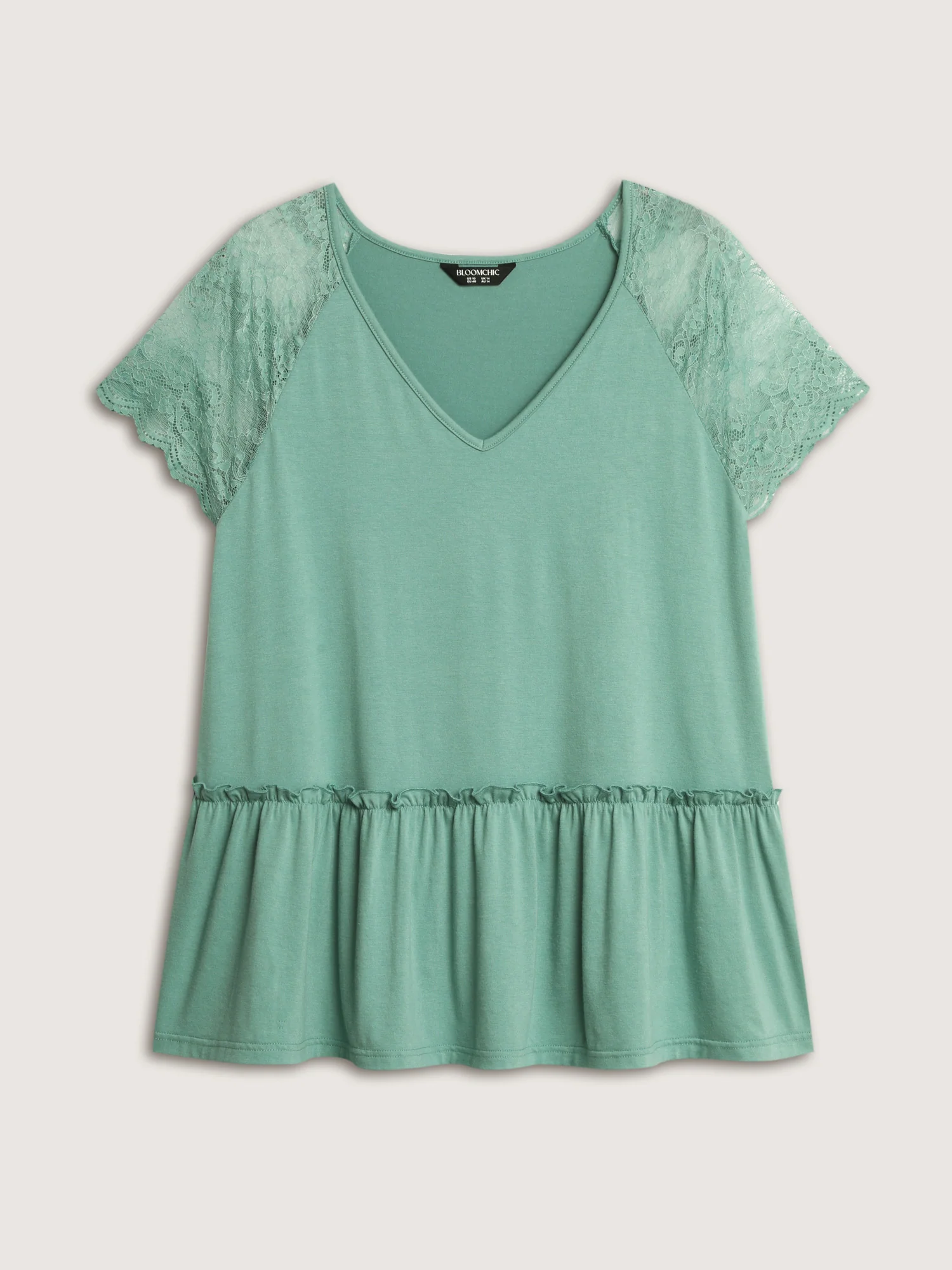 Sheer Lace Sleeve Ruffled Hem T-Shirt - Image 8