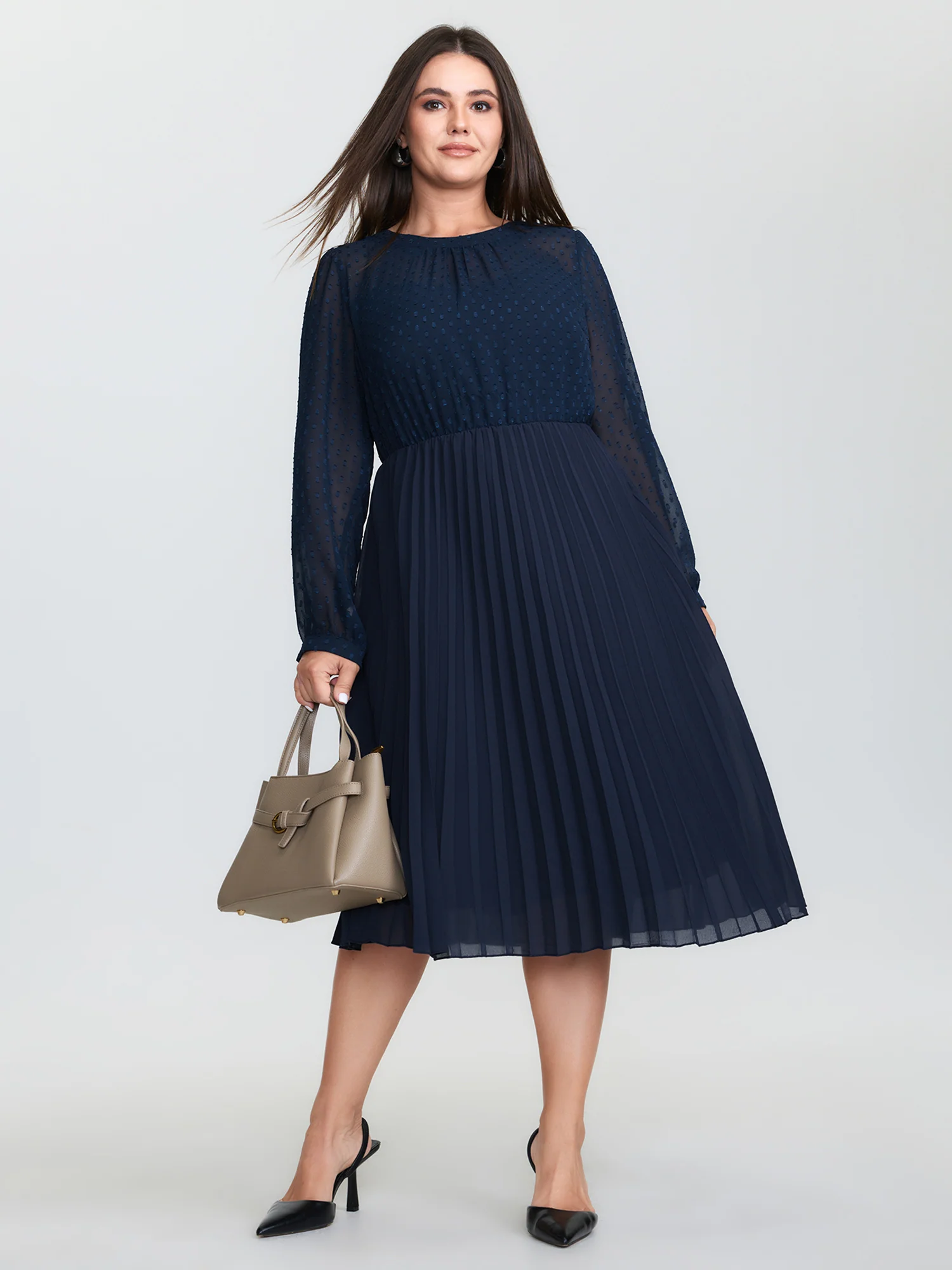 Sheer Polka Dots Pleated Midi Dress - Image 3