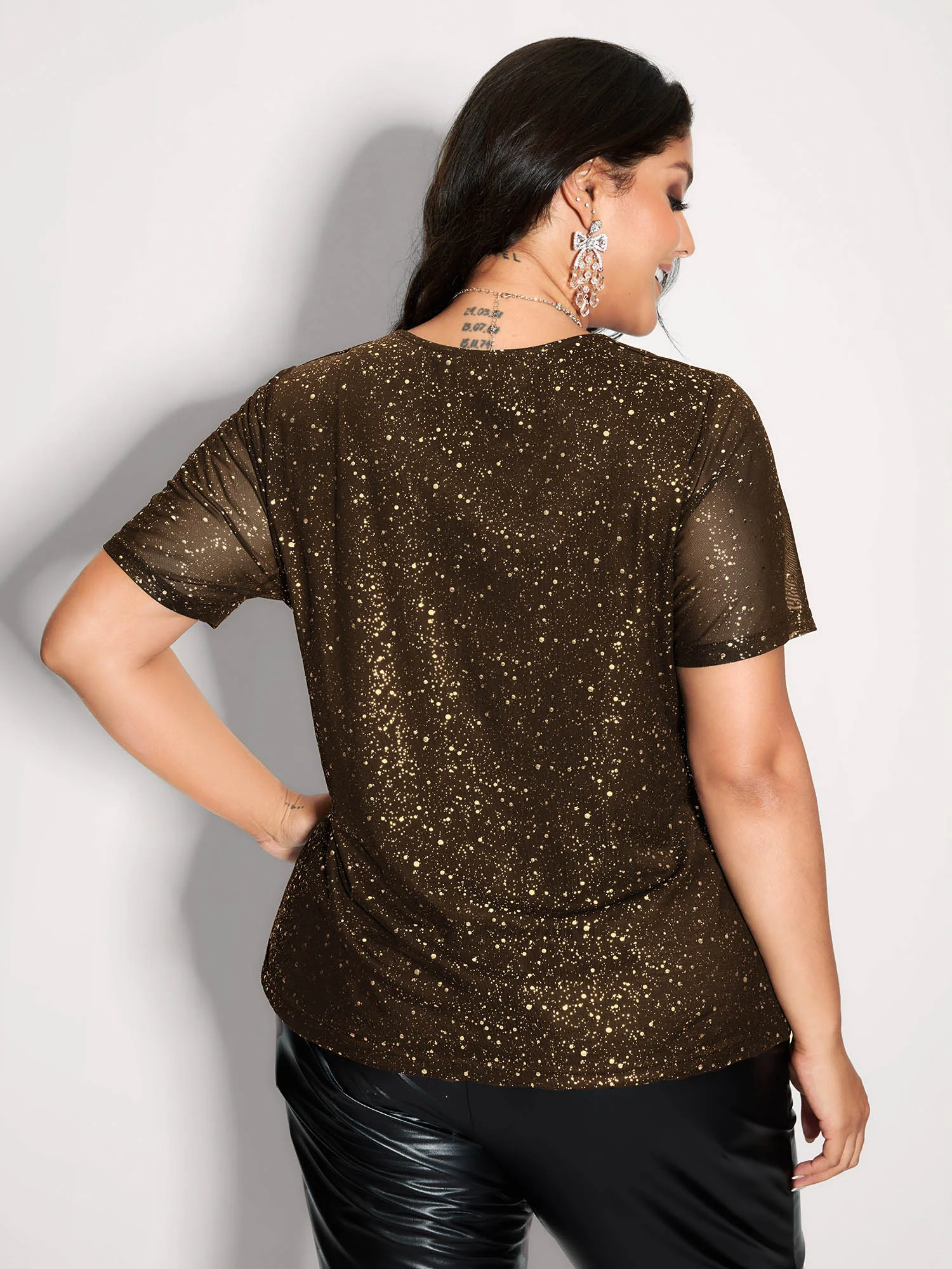 Shimmery Wrap Neck Sheer Sleeve T-Shirt - Image 10