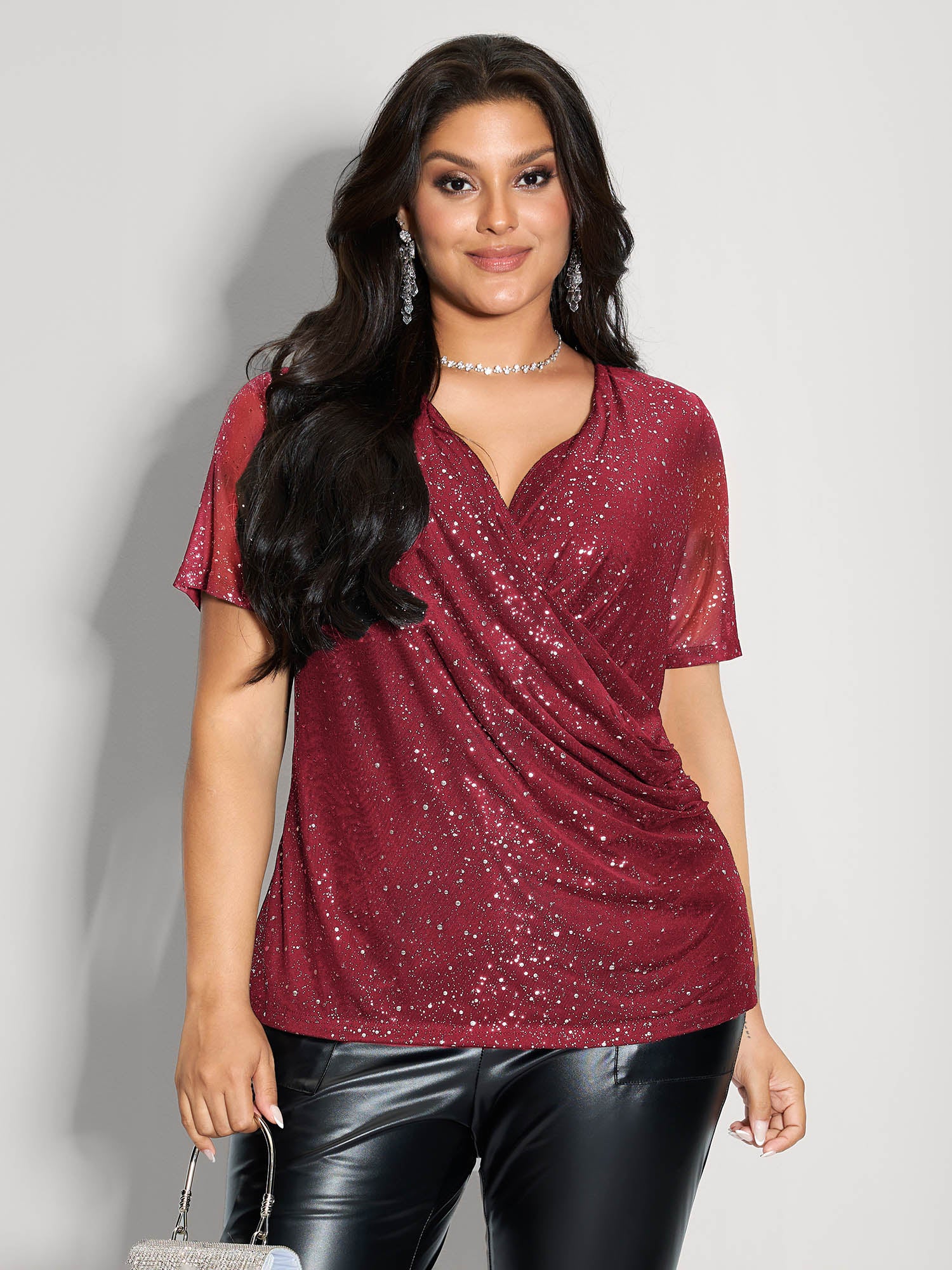 Shimmery Wrap Neck Sheer Sleeve T-Shirt - Image 11