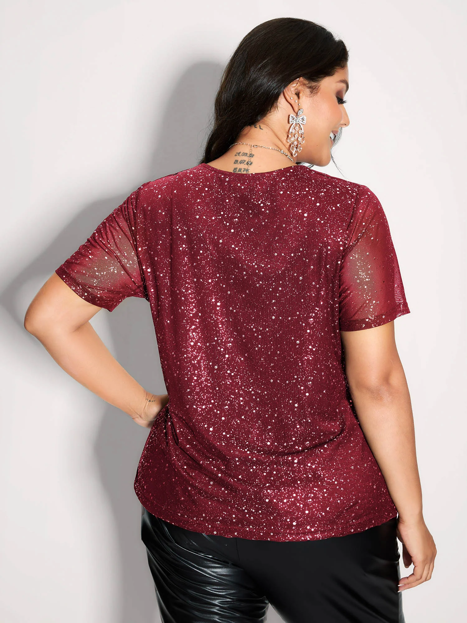 Shimmery Wrap Neck Sheer Sleeve T-Shirt - Image 14