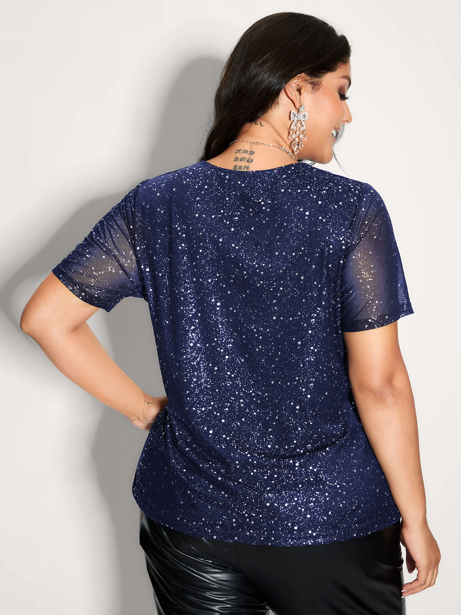 Shimmery Wrap Neck Sheer Sleeve T-Shirt - Image 22