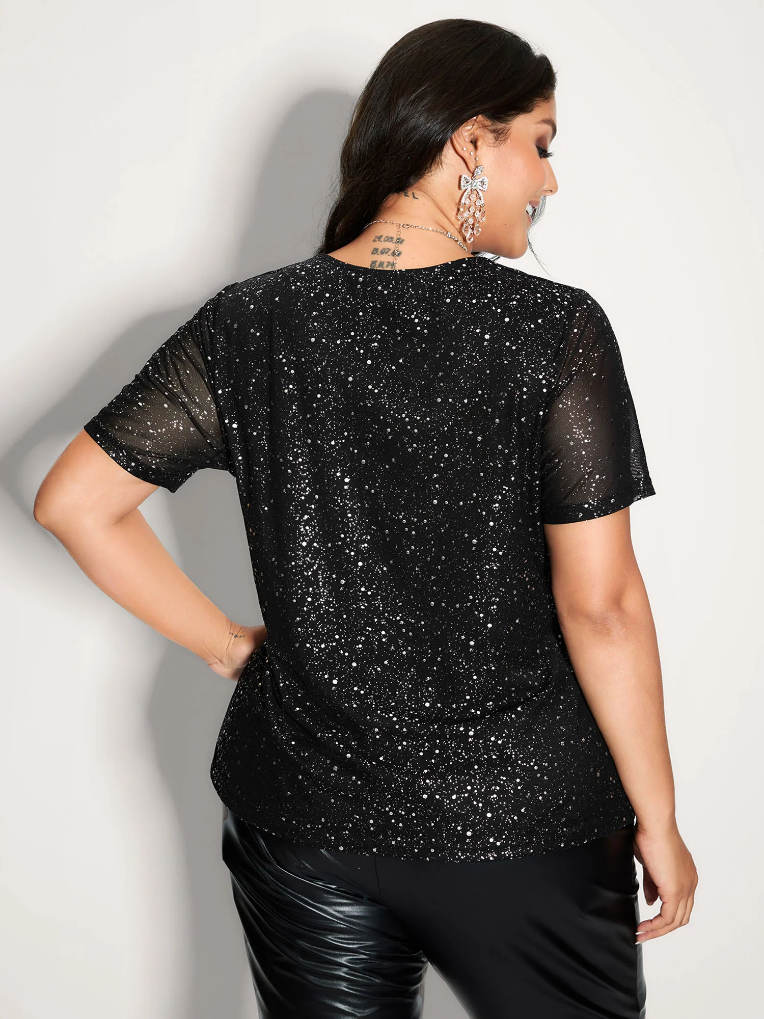 Shimmery Wrap Neck Sheer Sleeve T-Shirt - Image 4