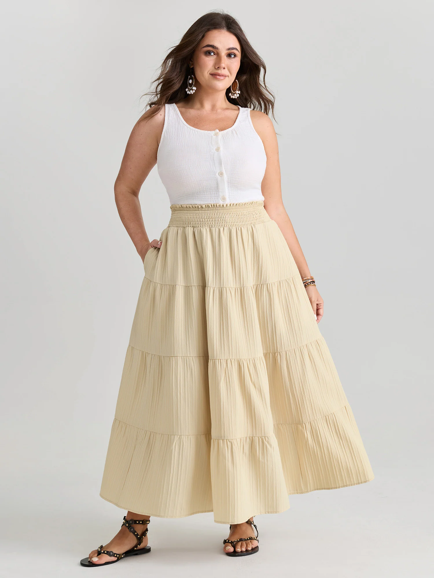 Shirred Wide Waistband Tiered Maxi Skirt