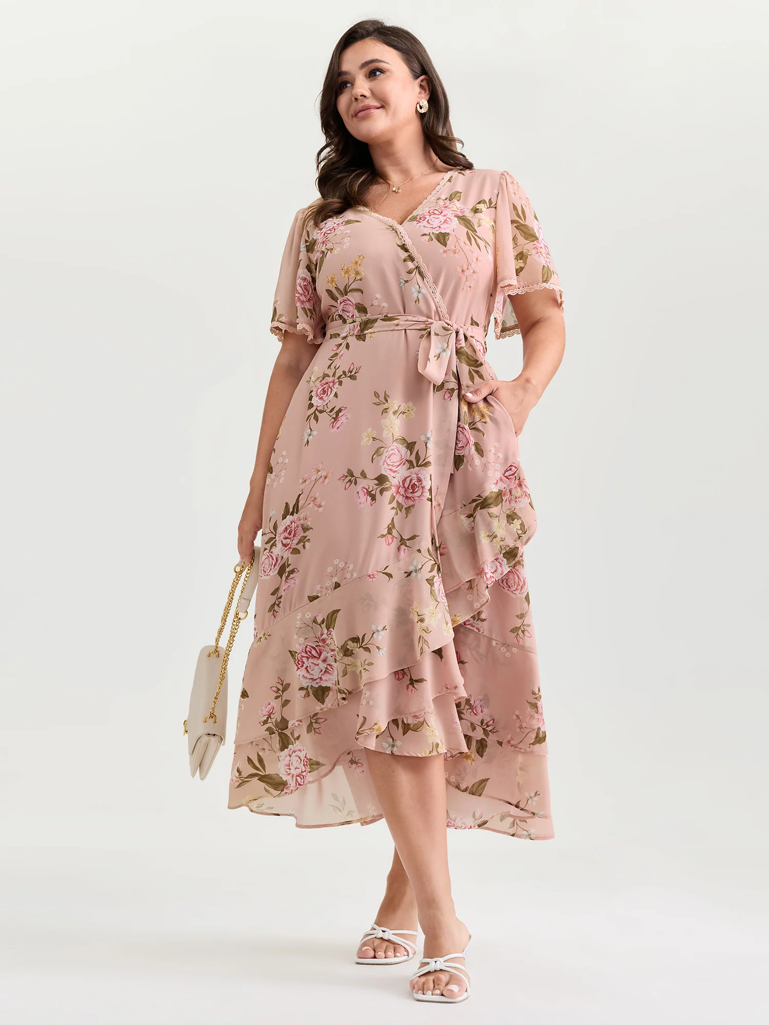 Soft Floral Print Lotus Leaf Hem Midi Dress