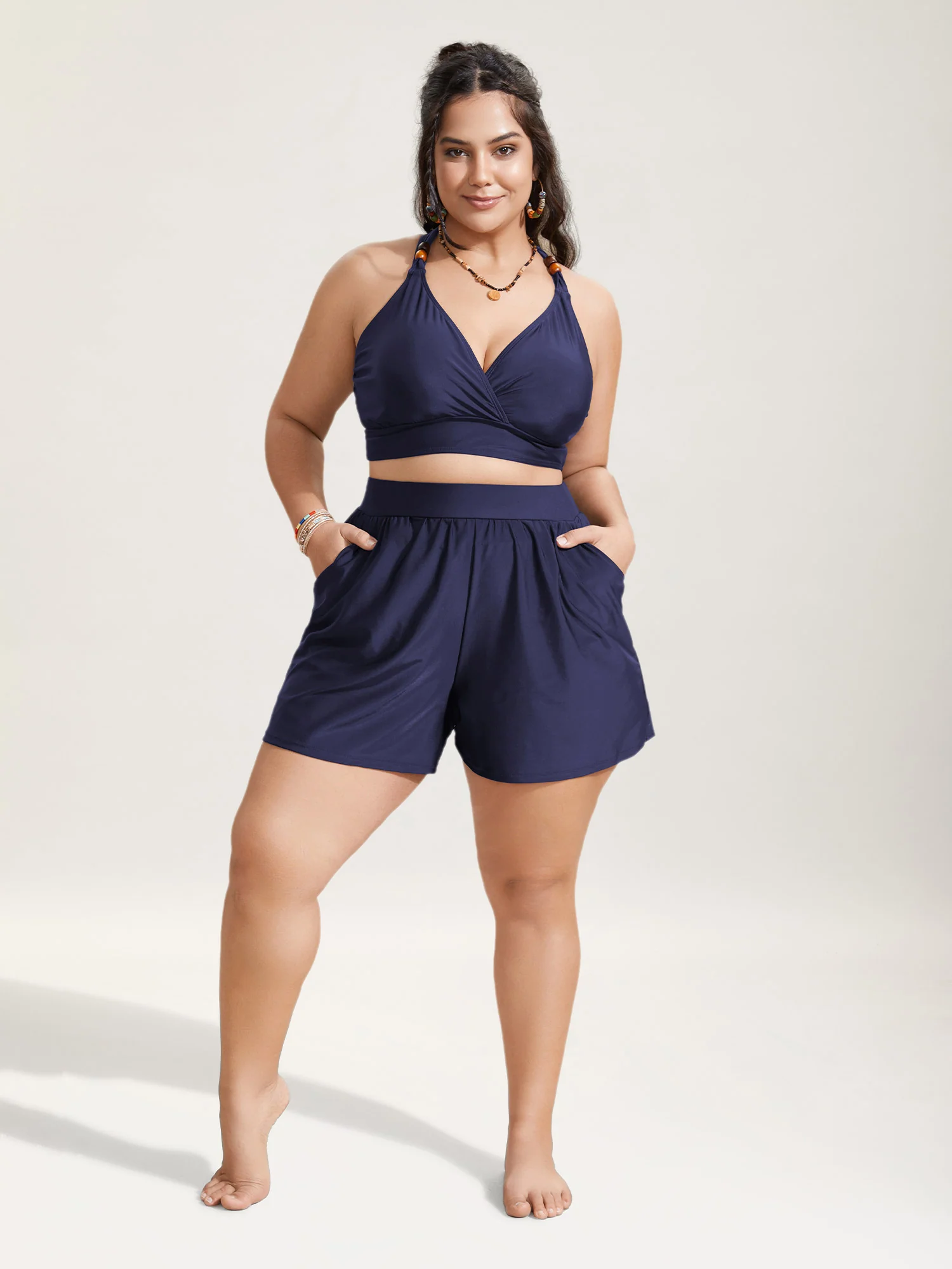 High Waisted Pockets Solid Pleated Swim Shorts - Image 11