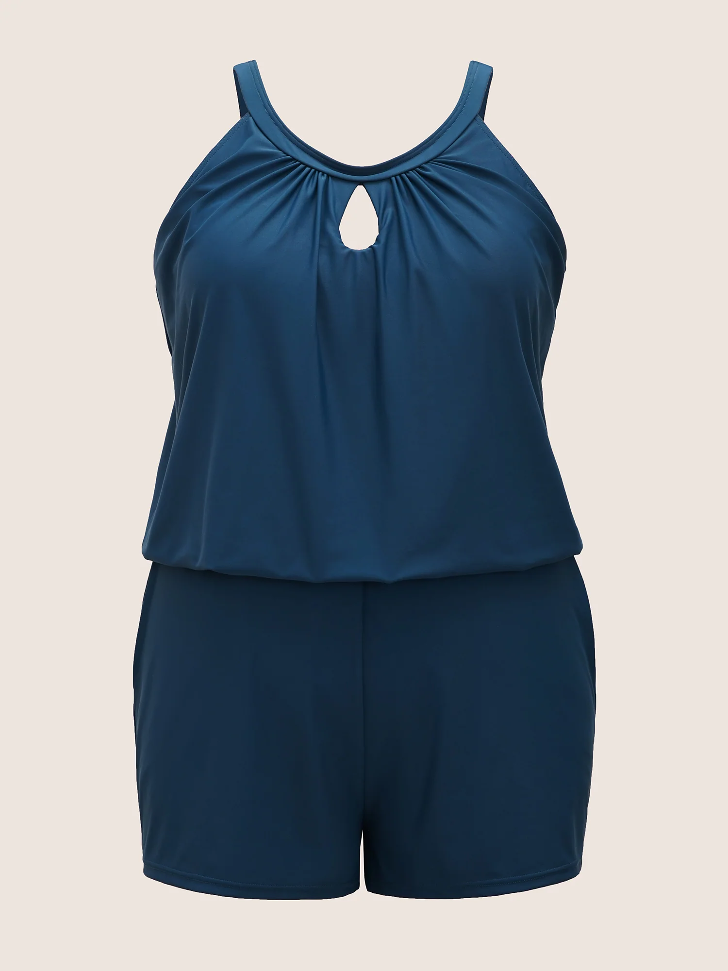 Solid Keyhole Elastic Waist Gathered One Piece Swimsuit - Image 14