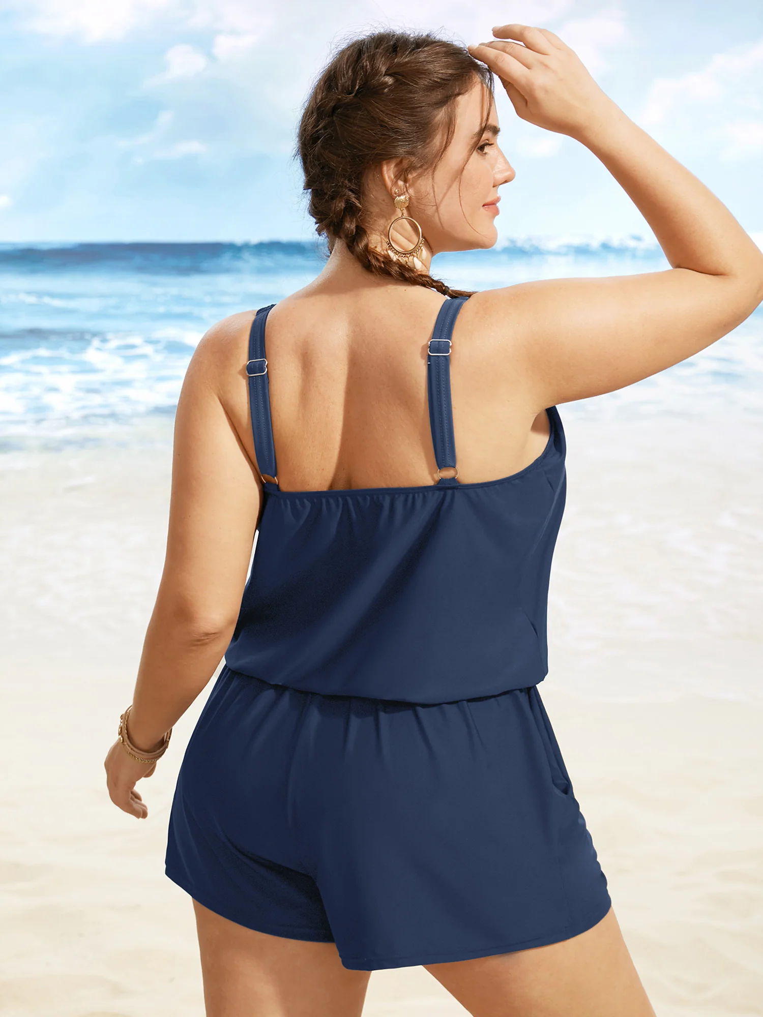 Solid Keyhole Elastic Waist Gathered One Piece Swimsuit - Image 18