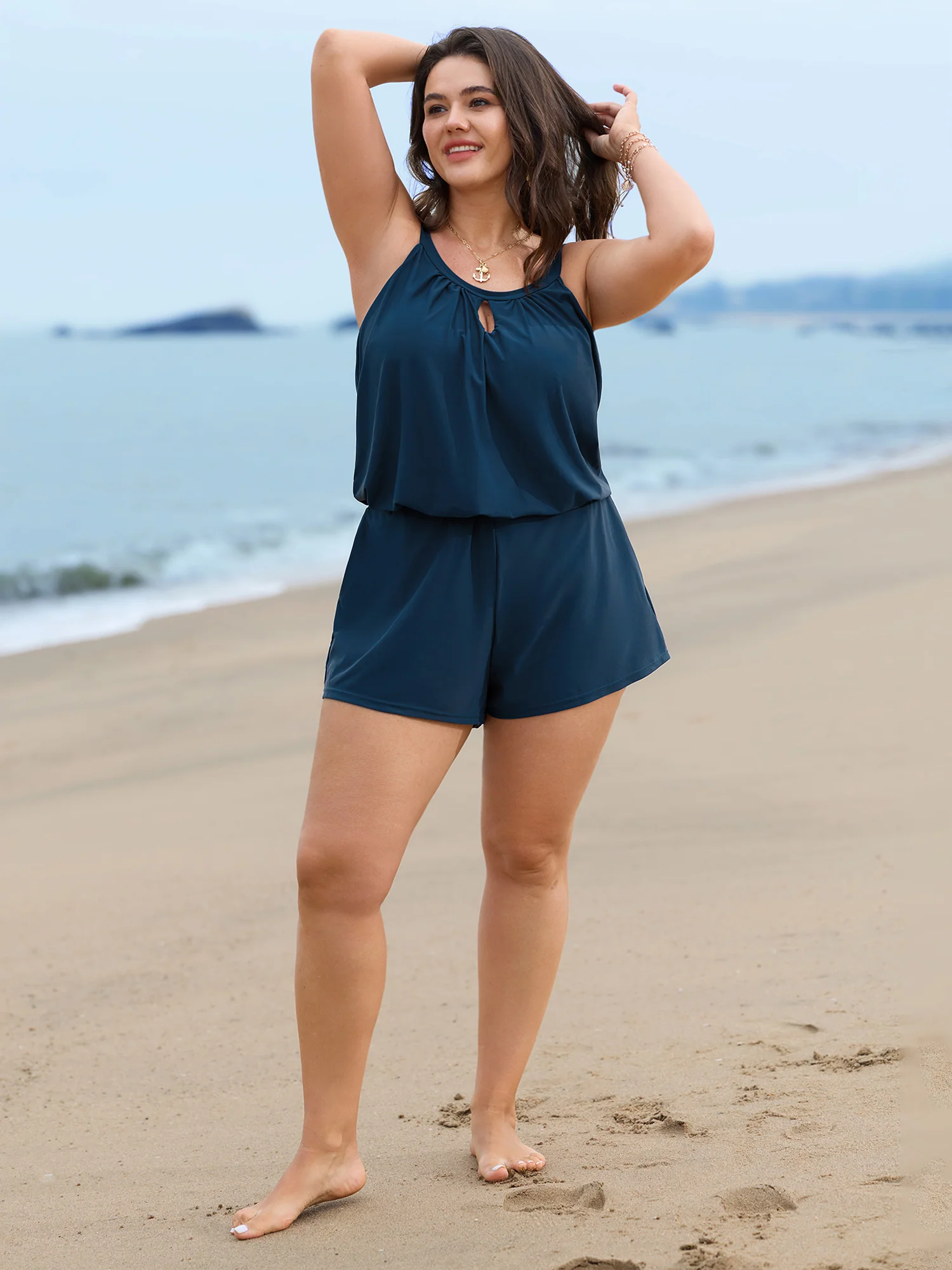 Solid Keyhole Elastic Waist Gathered One Piece Swimsuit - Image 8