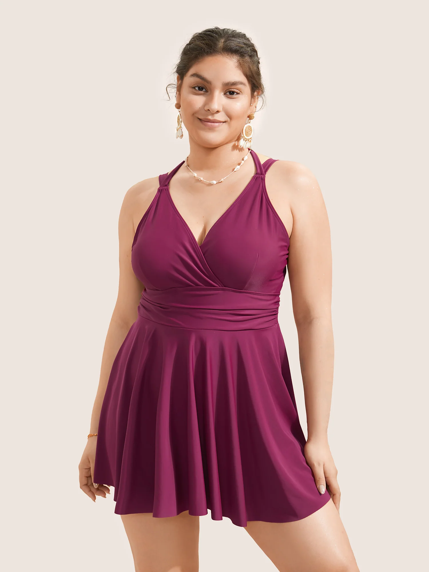 Solid Ruffle Hem Empire Waist Halter Neck Swim Dress - Image 12