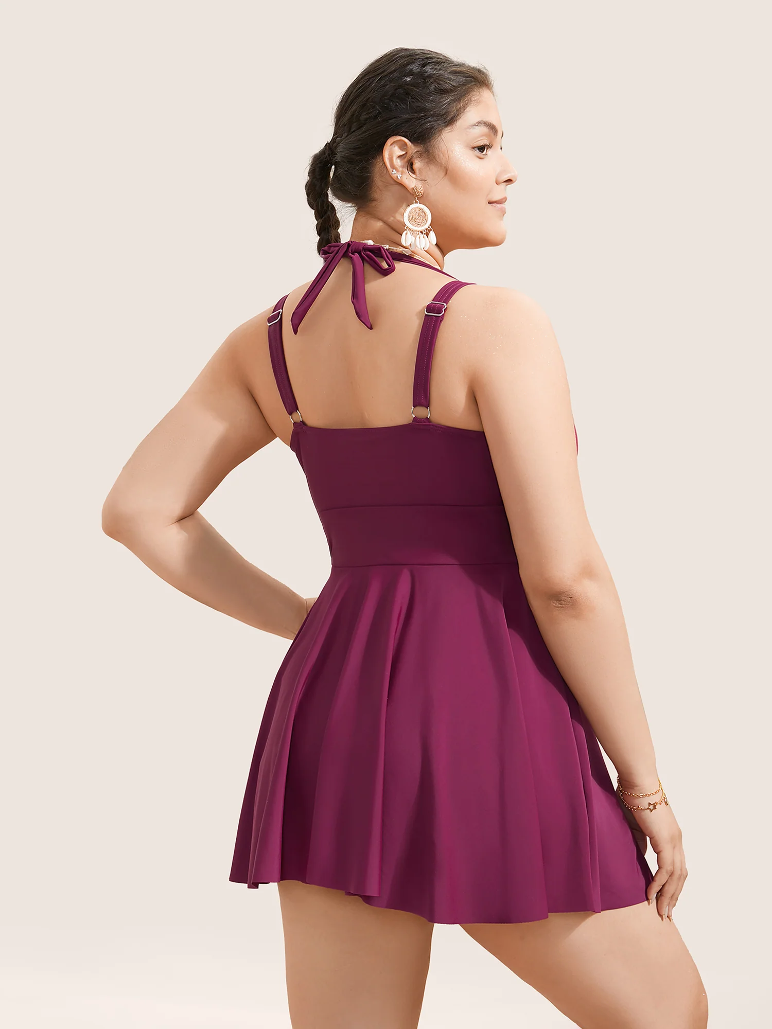 Solid Ruffle Hem Empire Waist Halter Neck Swim Dress - Image 13