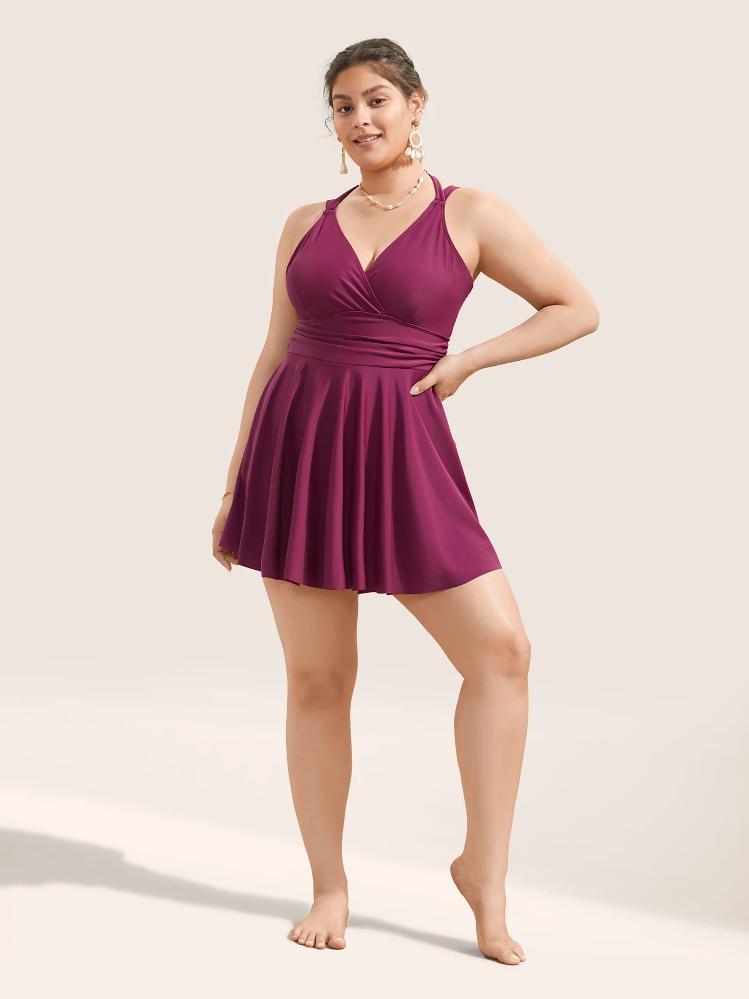 Solid Ruffle Hem Empire Waist Halter Neck Swim Dress - Image 14