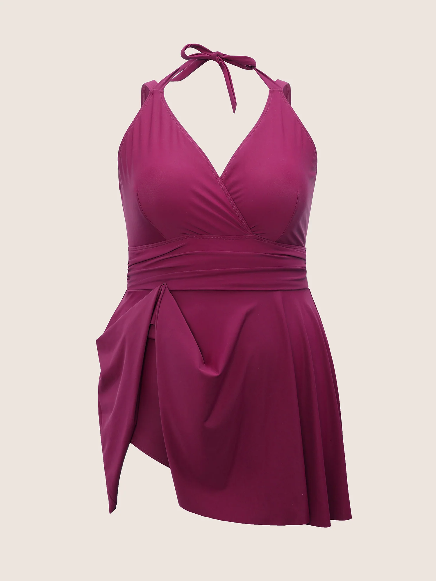 Solid Ruffle Hem Empire Waist Halter Neck Swim Dress - Image 17