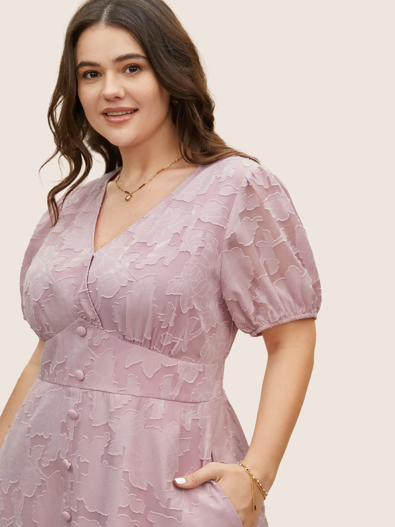 Solid Textured Lantern Sleeve Button Detail Dress - Image 2