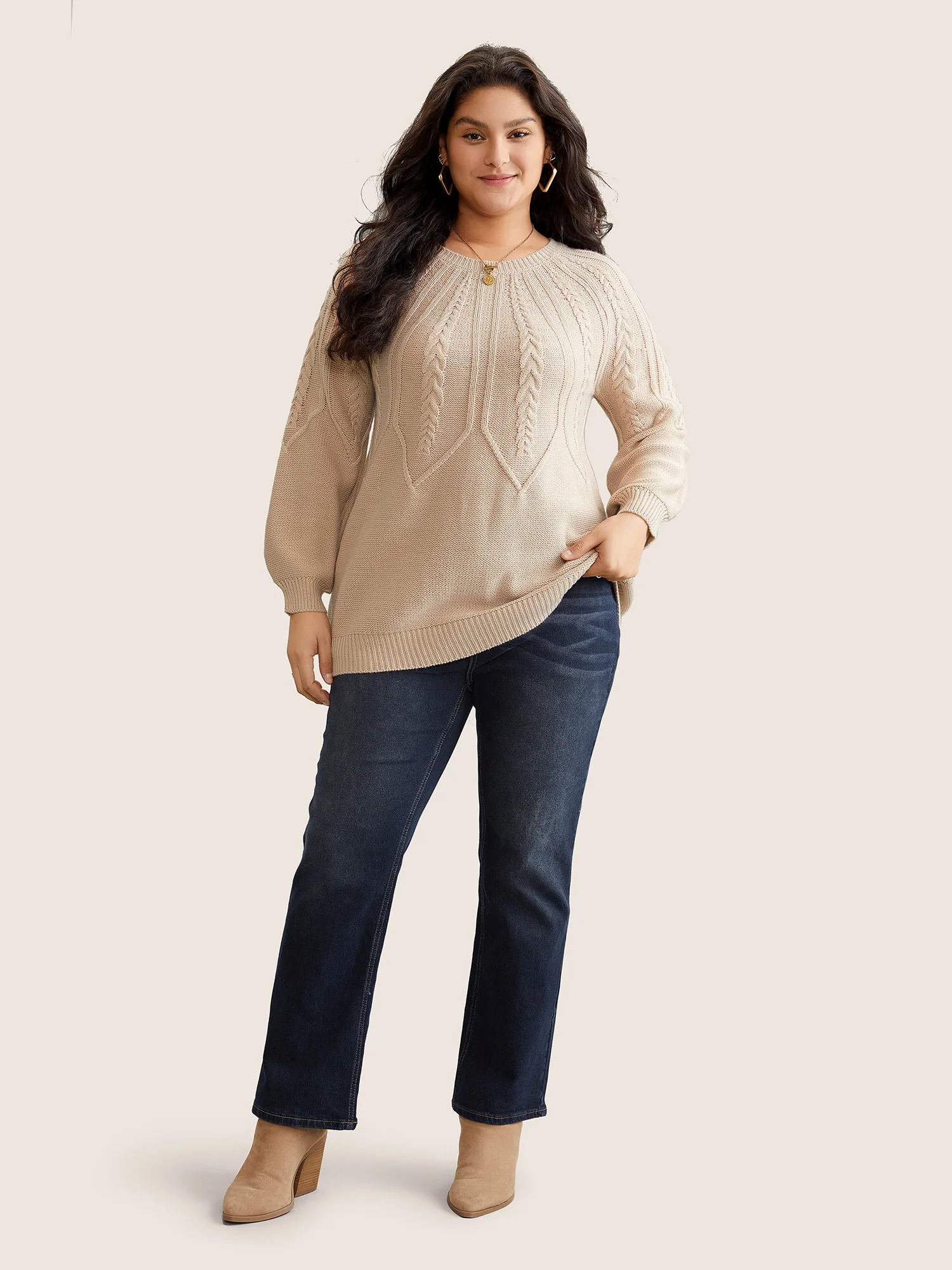 Solid Textured Lantern Sleeve Pullover - Image 2