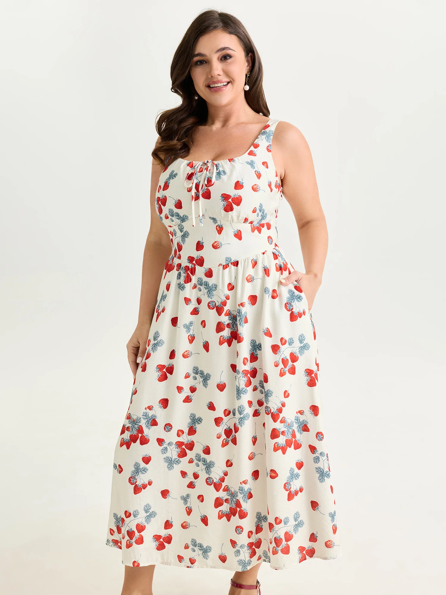 Strawberry Print Cinched-Waist Midi Dress