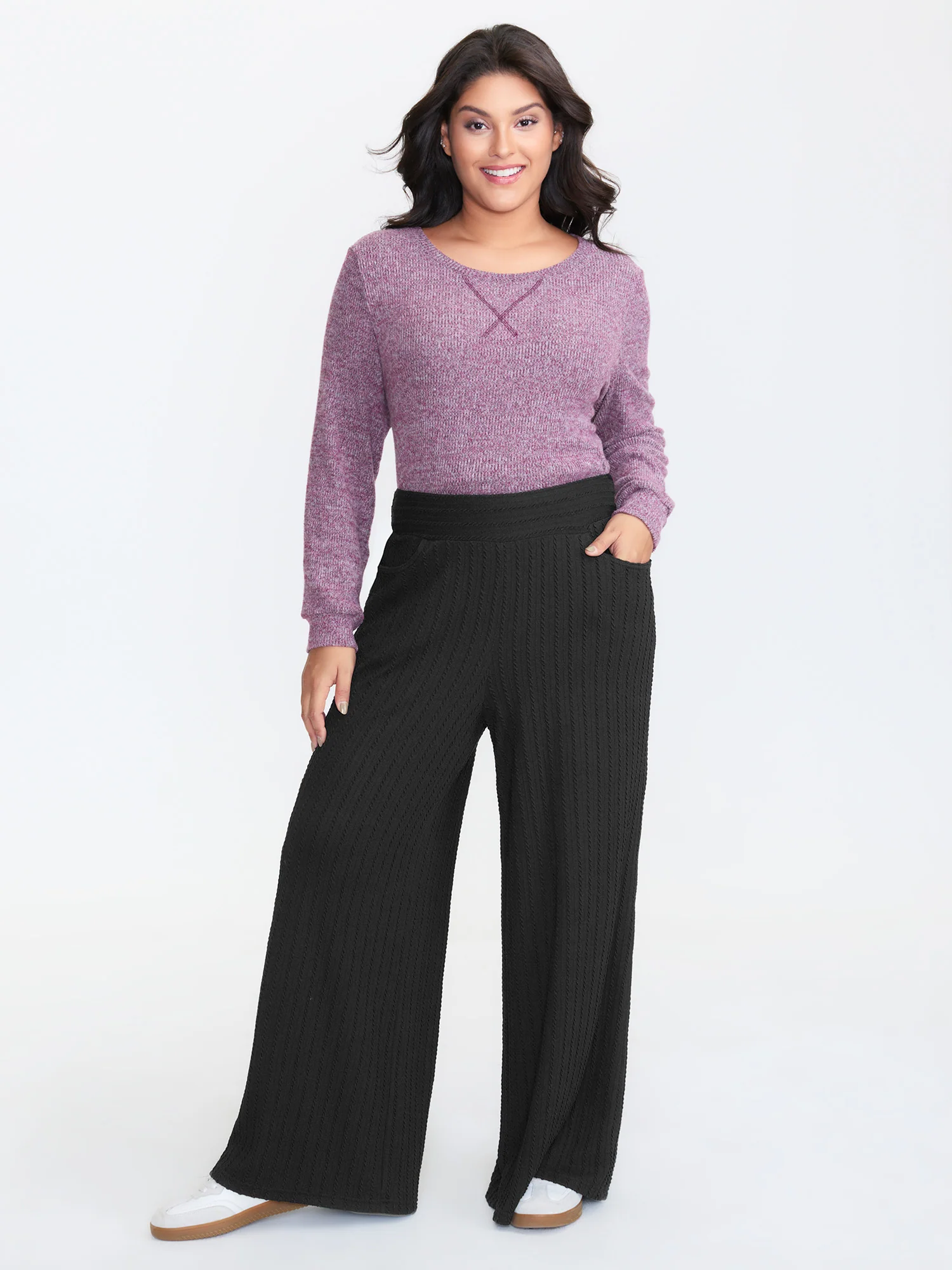 Stretchy Cable Knit Wide Leg Pants - Image 2
