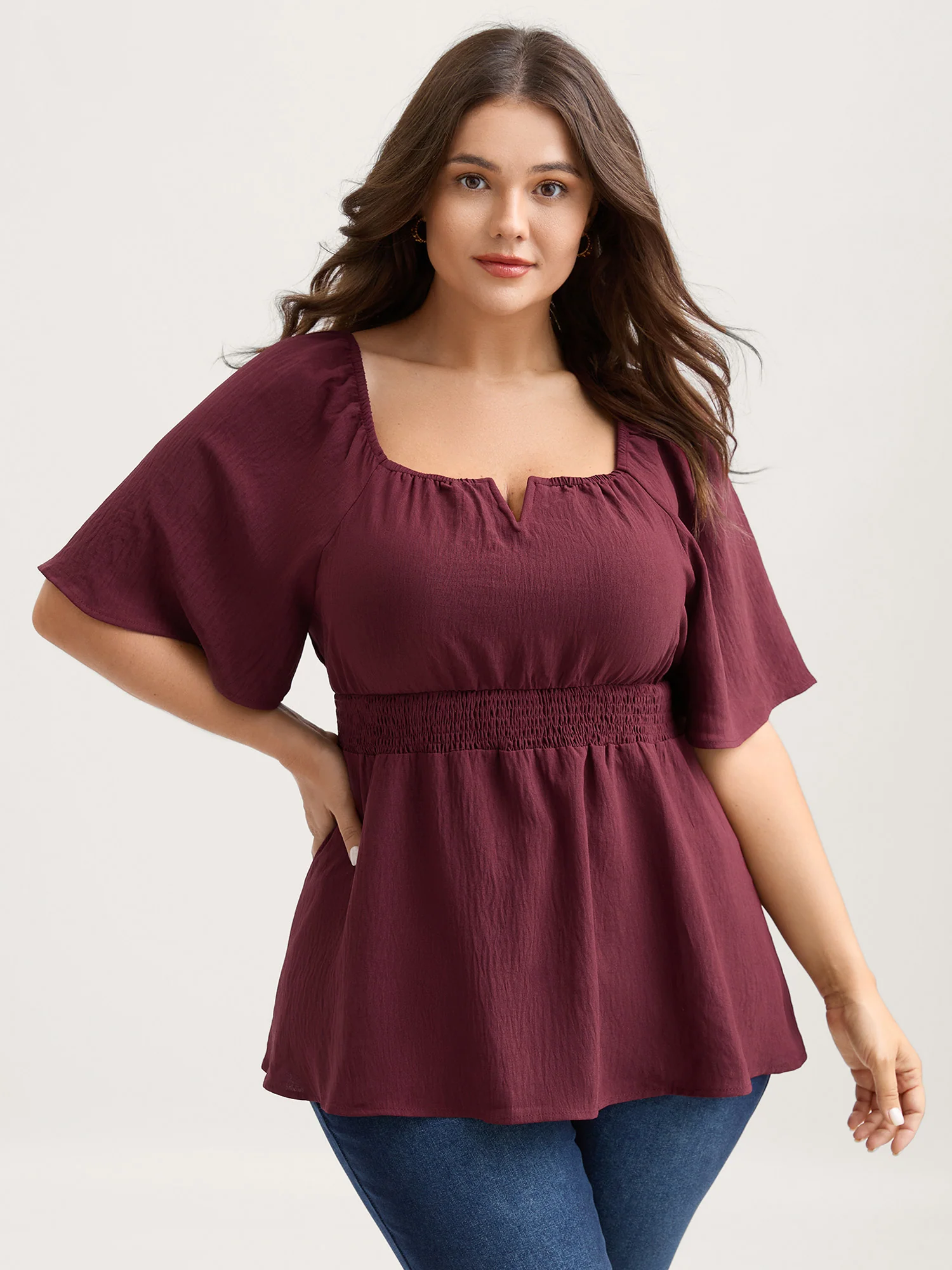Stretchy Neckline Waist-Cinched Solid Blouse - Image 10