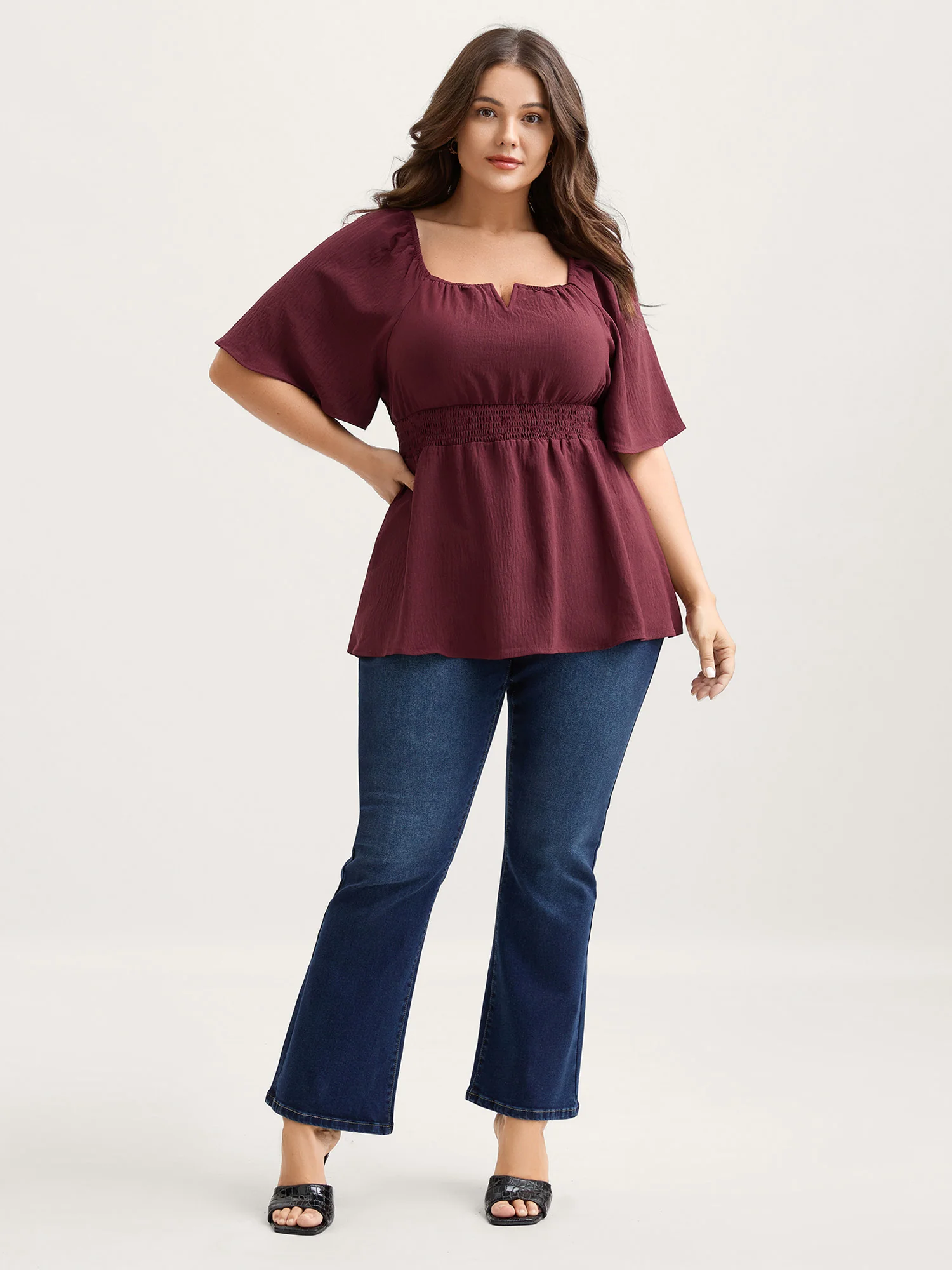 Stretchy Neckline Waist-Cinched Solid Blouse - Image 11