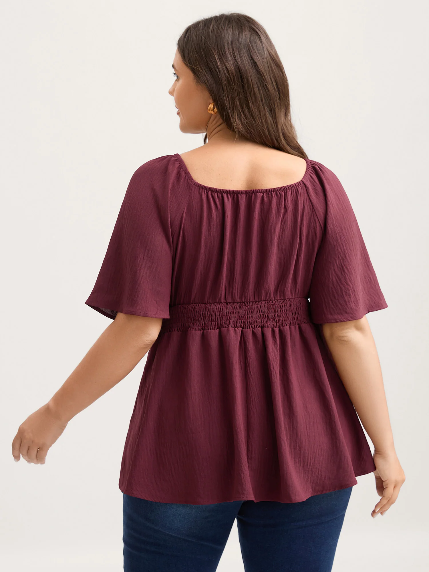 Stretchy Neckline Waist-Cinched Solid Blouse - Image 12