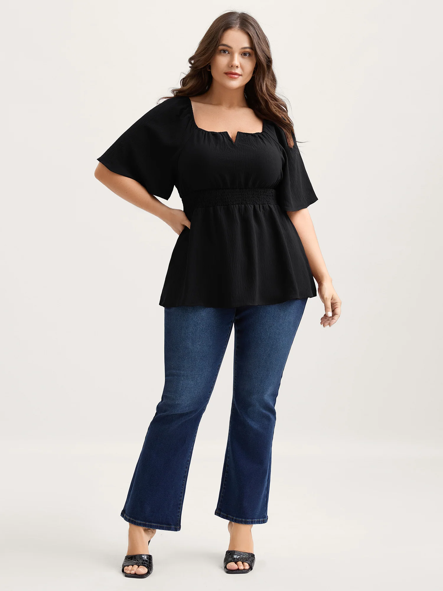 Stretchy Neckline Waist-Cinched Solid Blouse - Image 3
