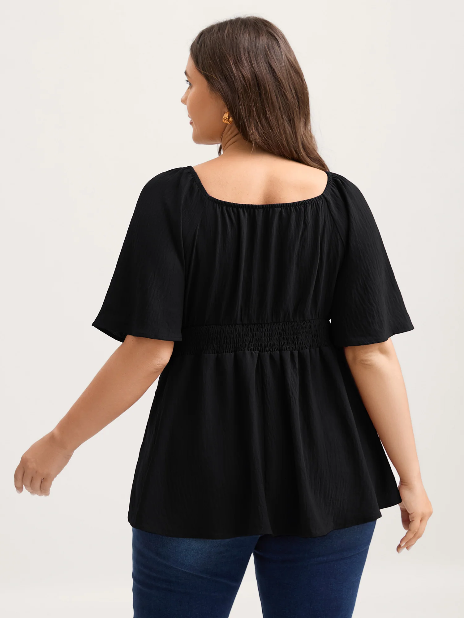Stretchy Neckline Waist-Cinched Solid Blouse - Image 4