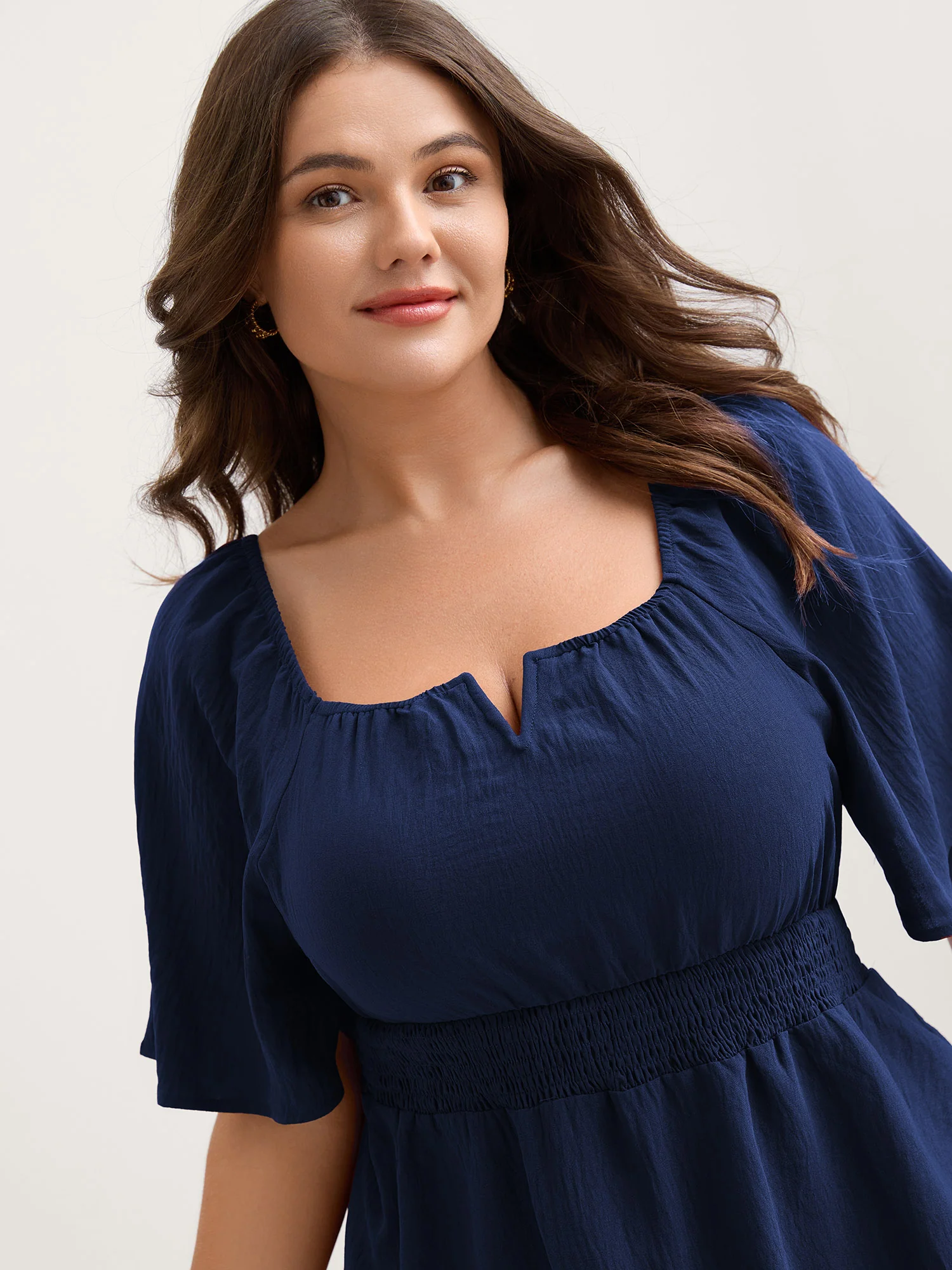 Stretchy Neckline Waist-Cinched Solid Blouse - Image 5