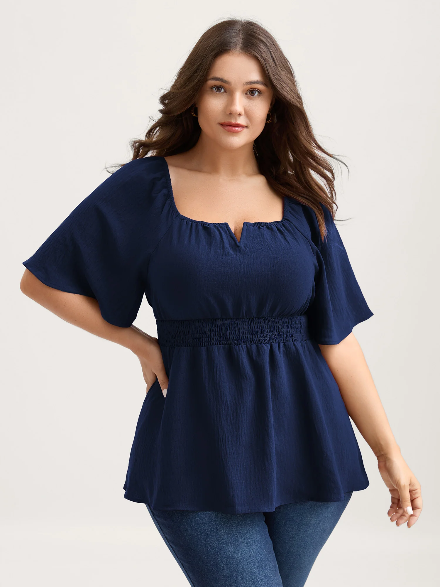 Stretchy Neckline Waist-Cinched Solid Blouse - Image 6