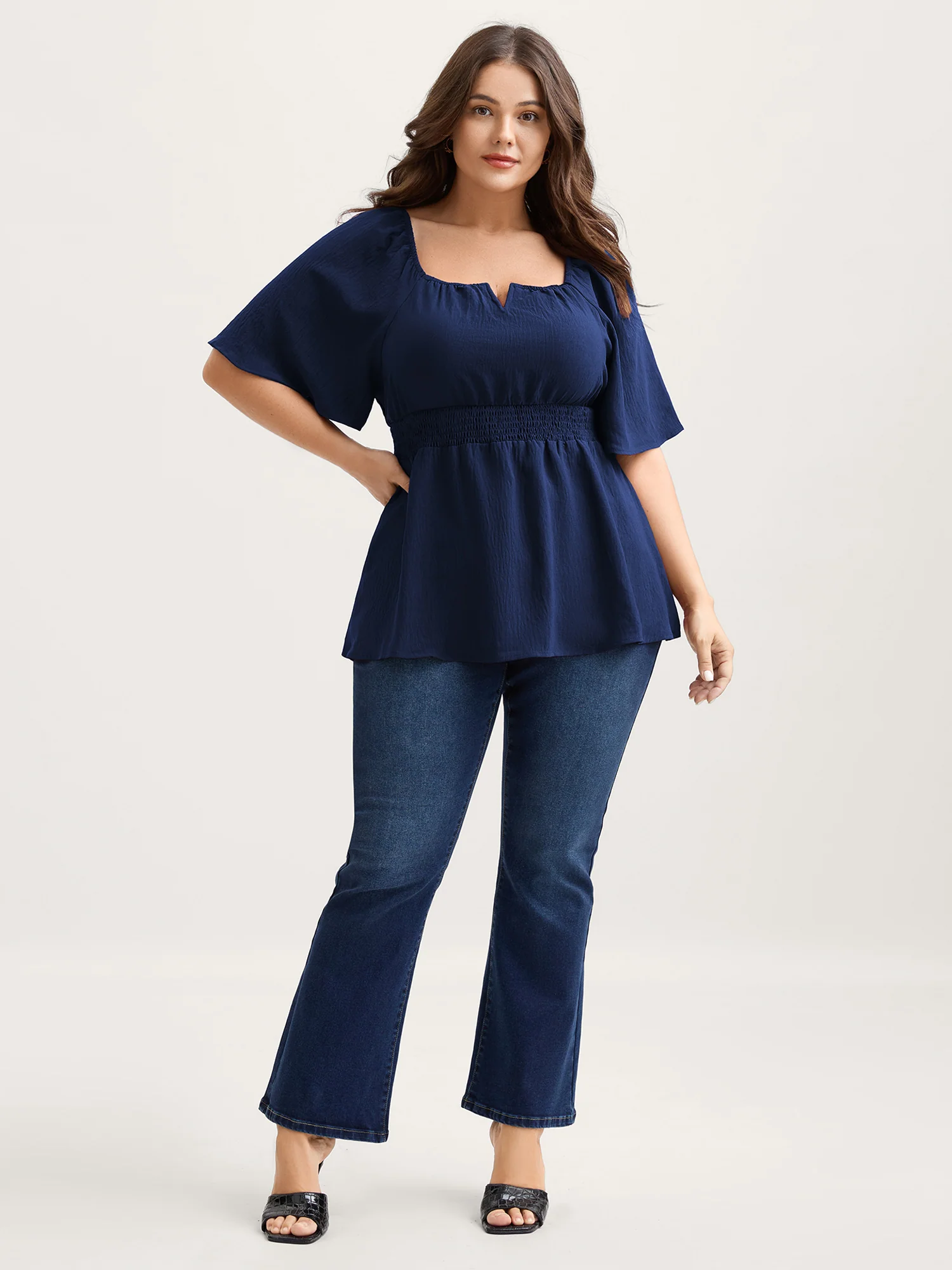 Stretchy Neckline Waist-Cinched Solid Blouse - Image 7