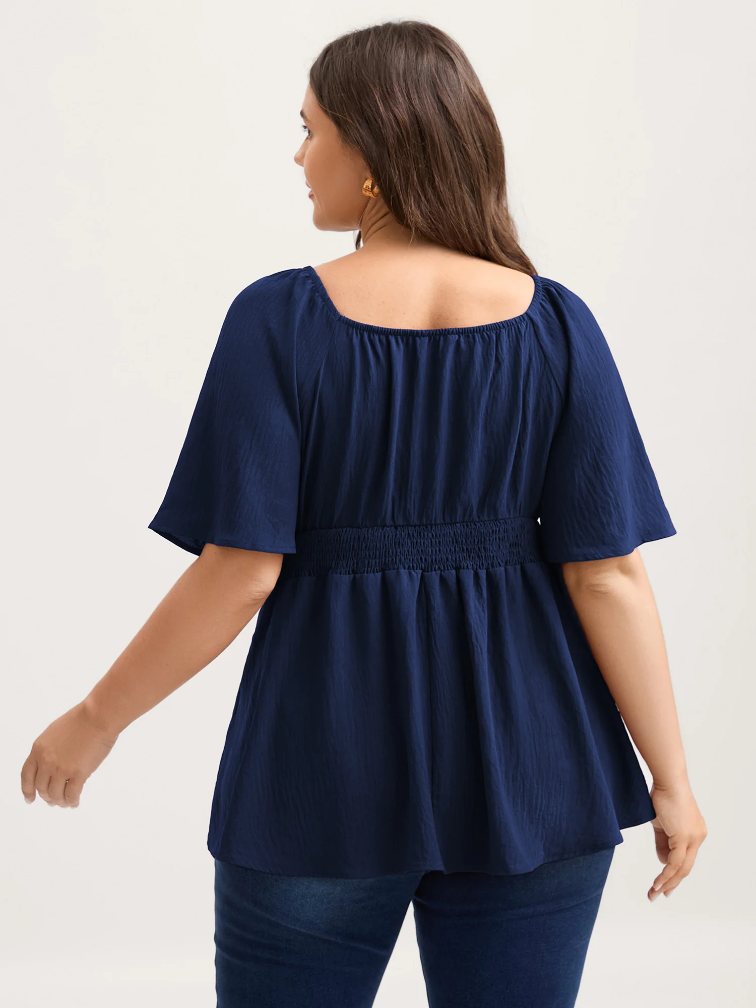 Stretchy Neckline Waist-Cinched Solid Blouse - Image 8