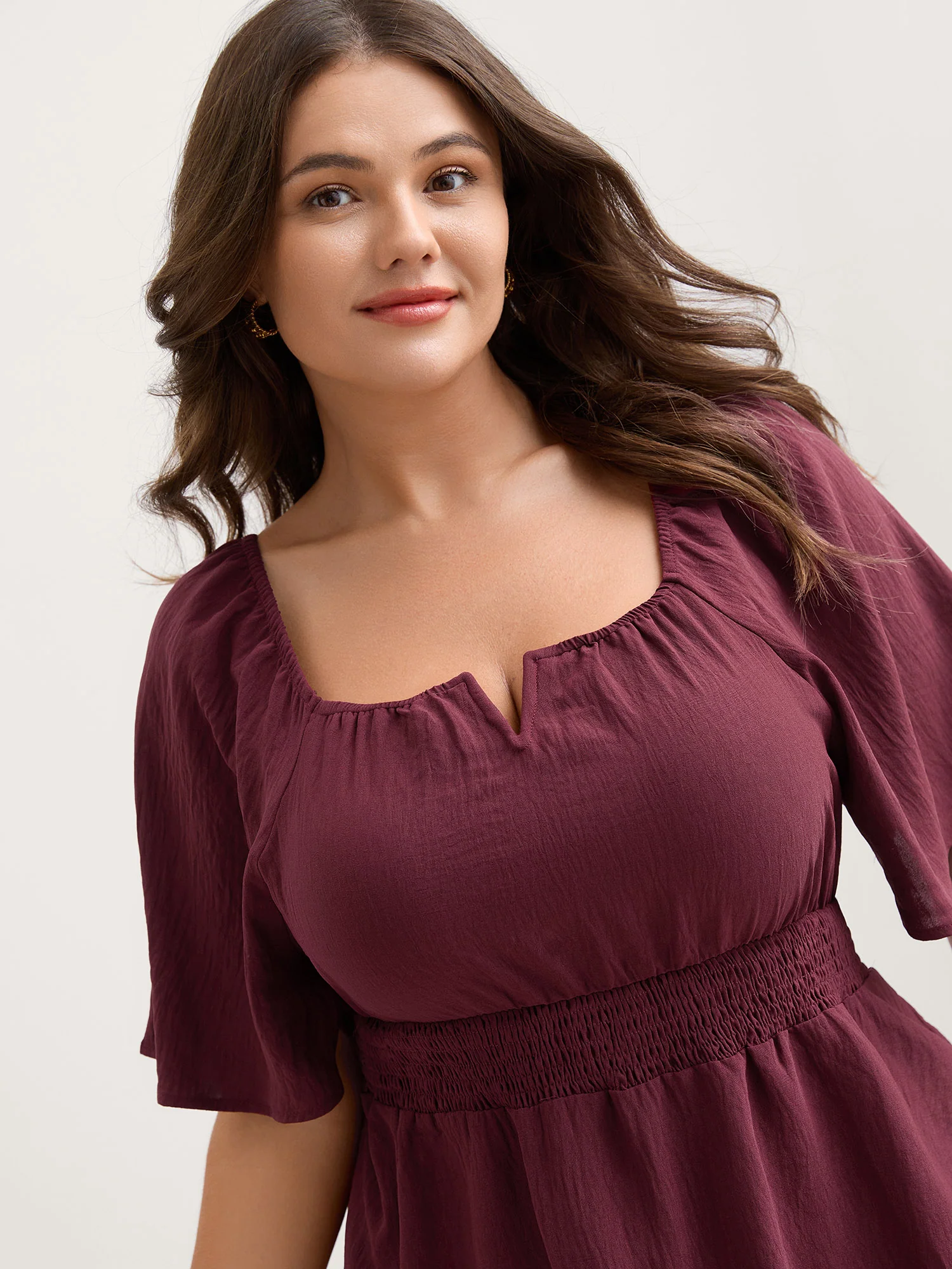 Stretchy Neckline Waist-Cinched Solid Blouse - Image 9