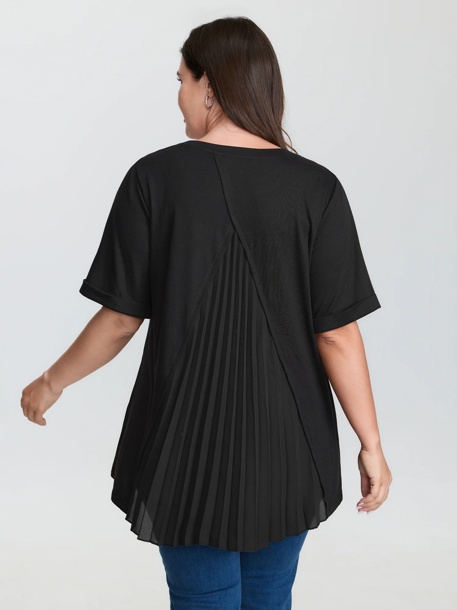 Stretchy Round Neck Rolled Cuff Sleeve T-Shirt