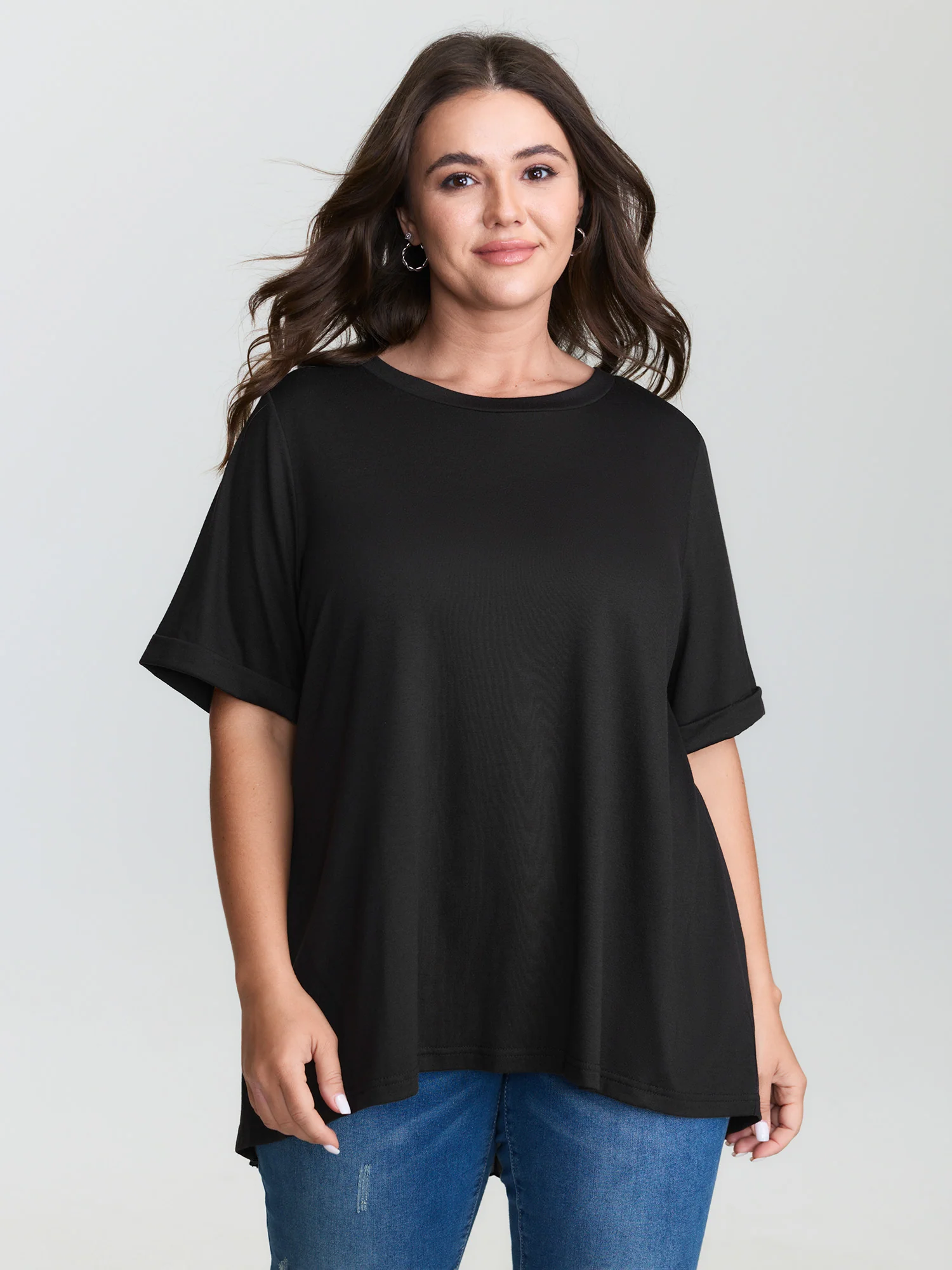 Stretchy Round Neck Rolled Cuff Sleeve T-Shirt - Image 2