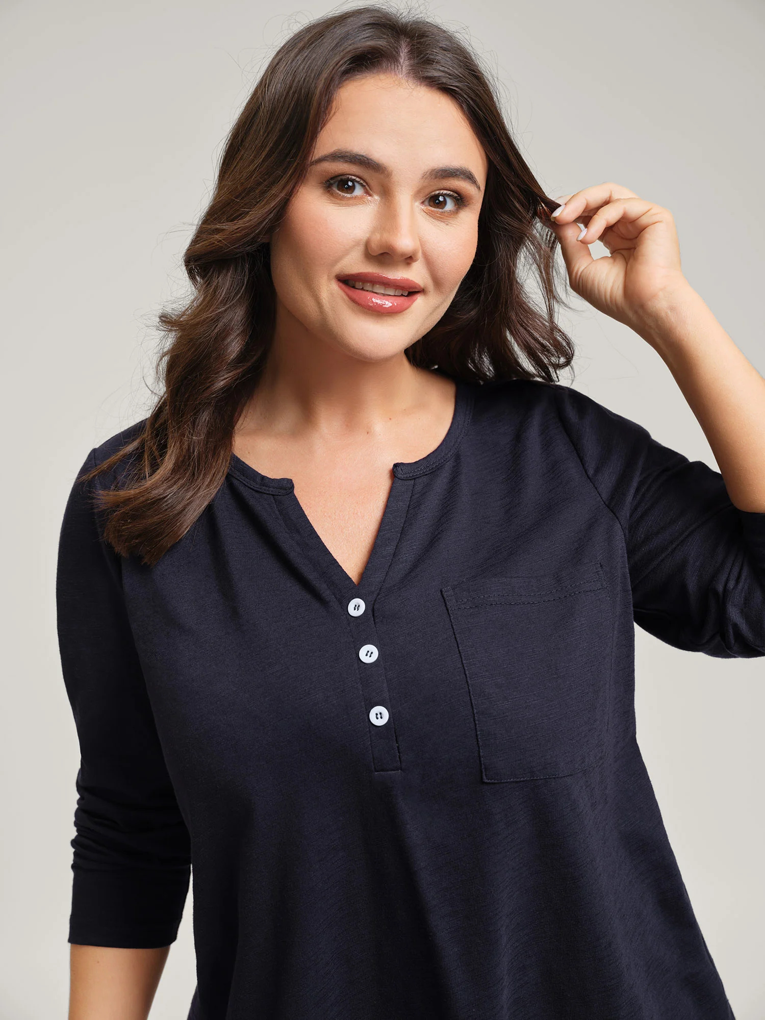 Stretchy Split Button Neckline Basic T-Shirt - Image 2