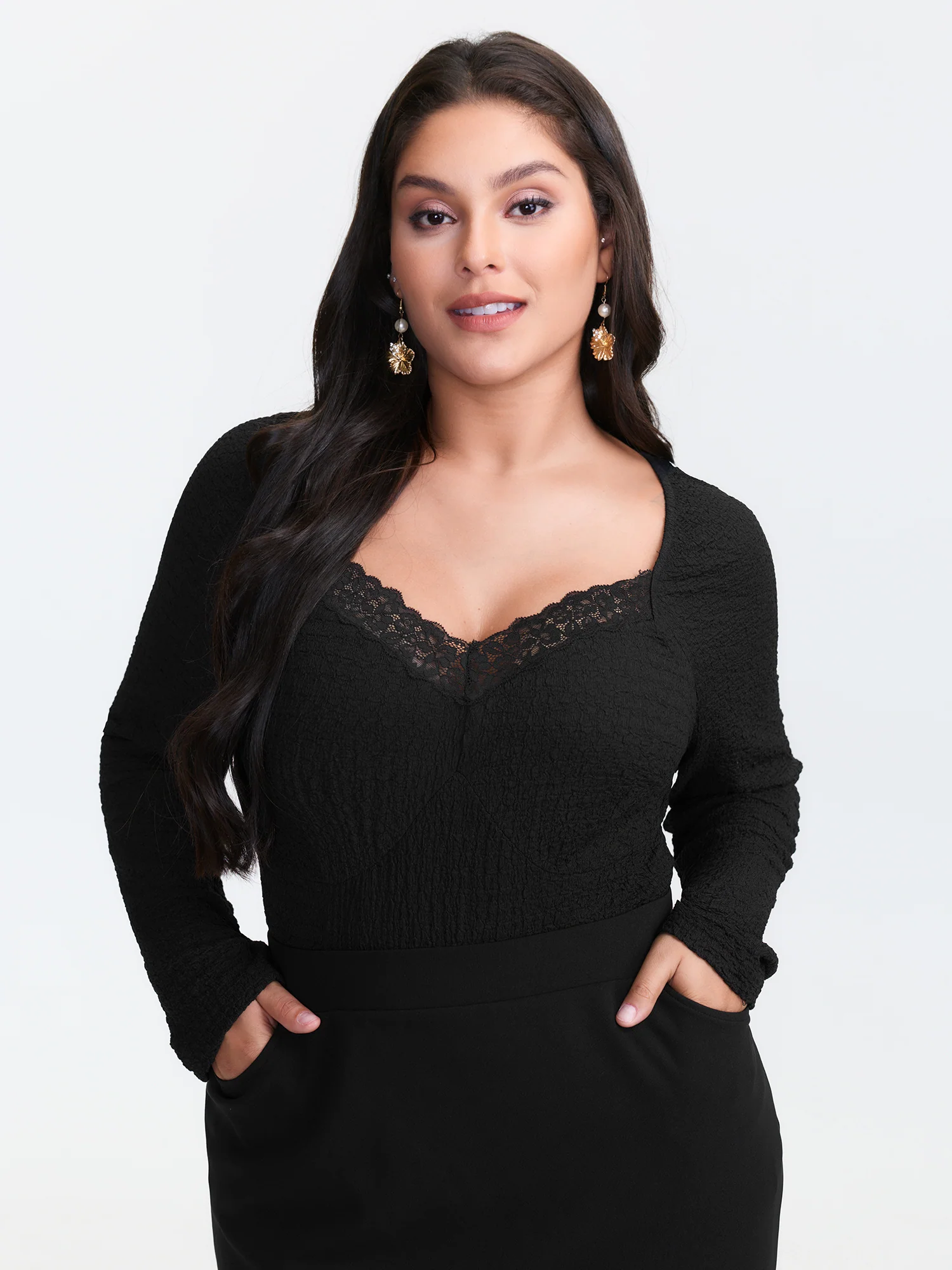 Stretchy Textured Lace Trim Fitted Knit Top - Image 4