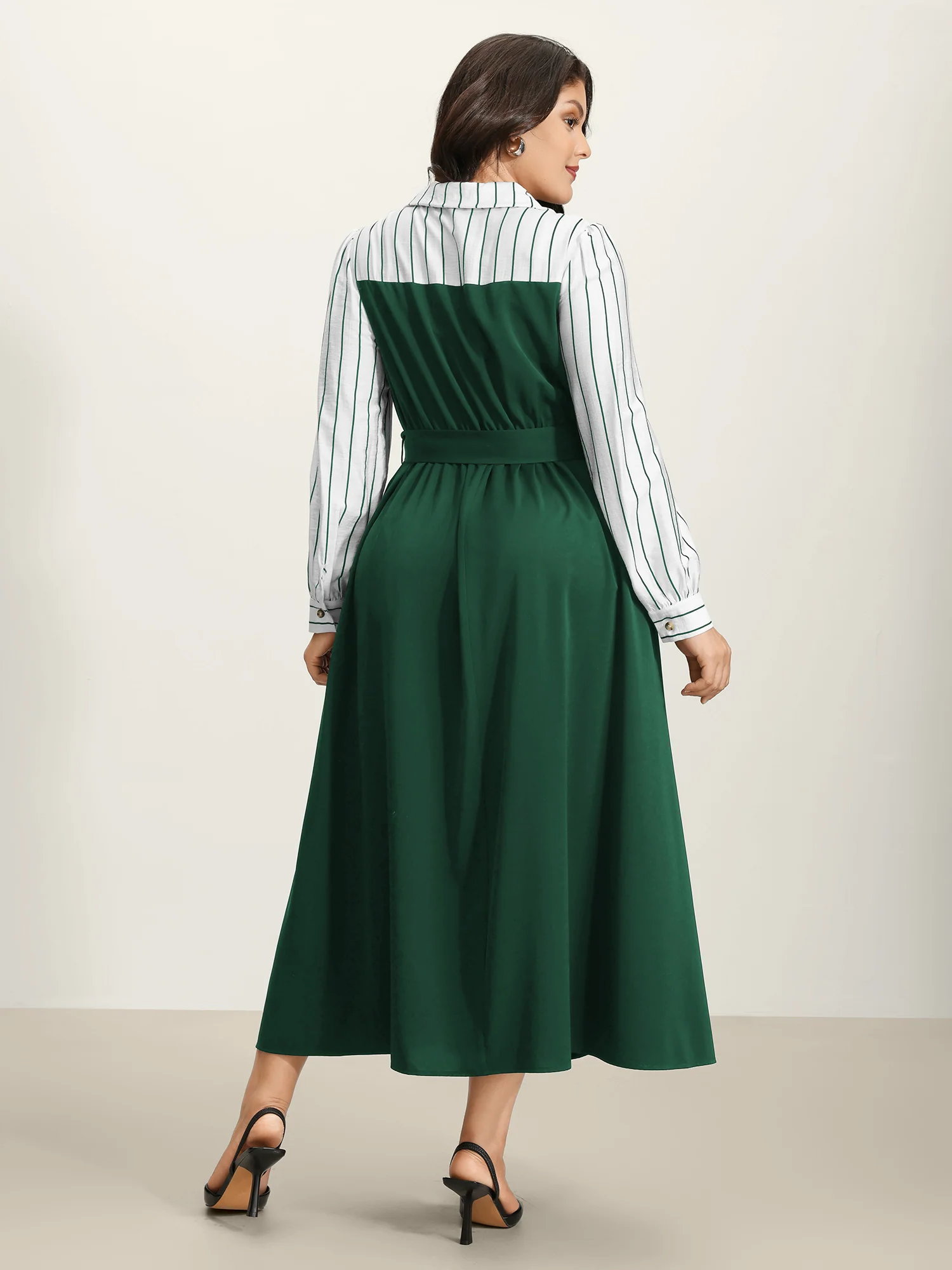 Stripe Print Belted Pockets Maxi Dress - Image 4