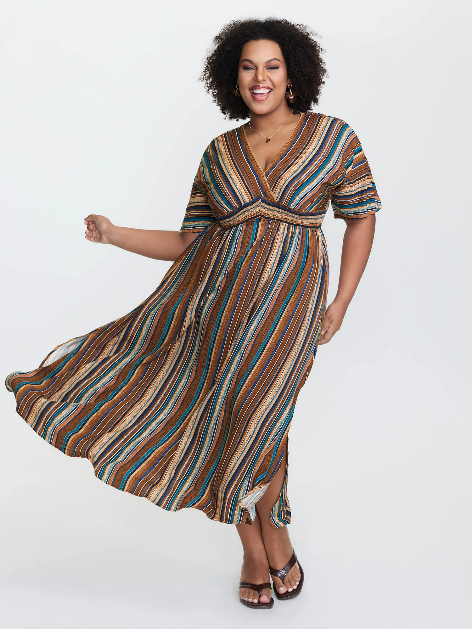 Striped Contrast Dolman Sleeve Shirred Pocket Split Flutter Dress - Image 12