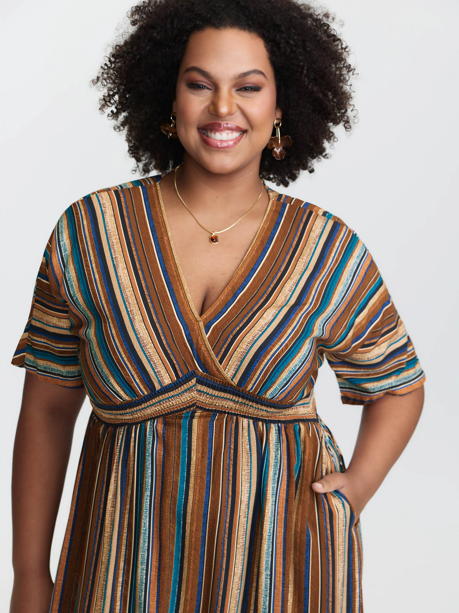 Striped Contrast Dolman Sleeve Shirred Pocket Split Flutter Dress - Image 13