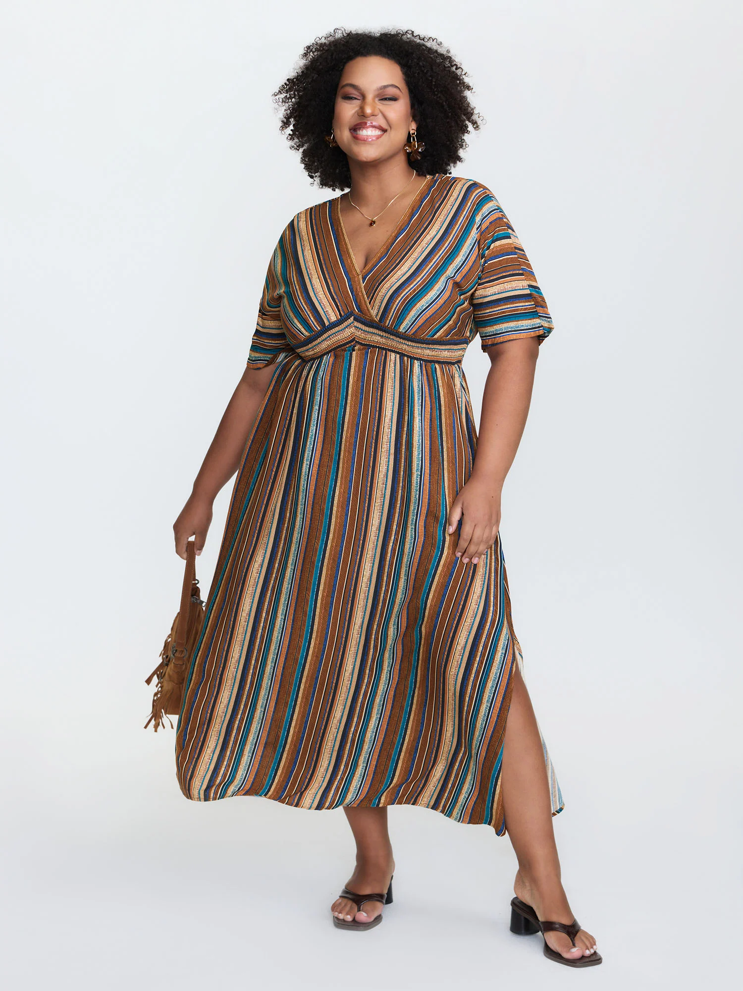 Striped Contrast Dolman Sleeve Shirred Pocket Split Flutter Dress - Image 14