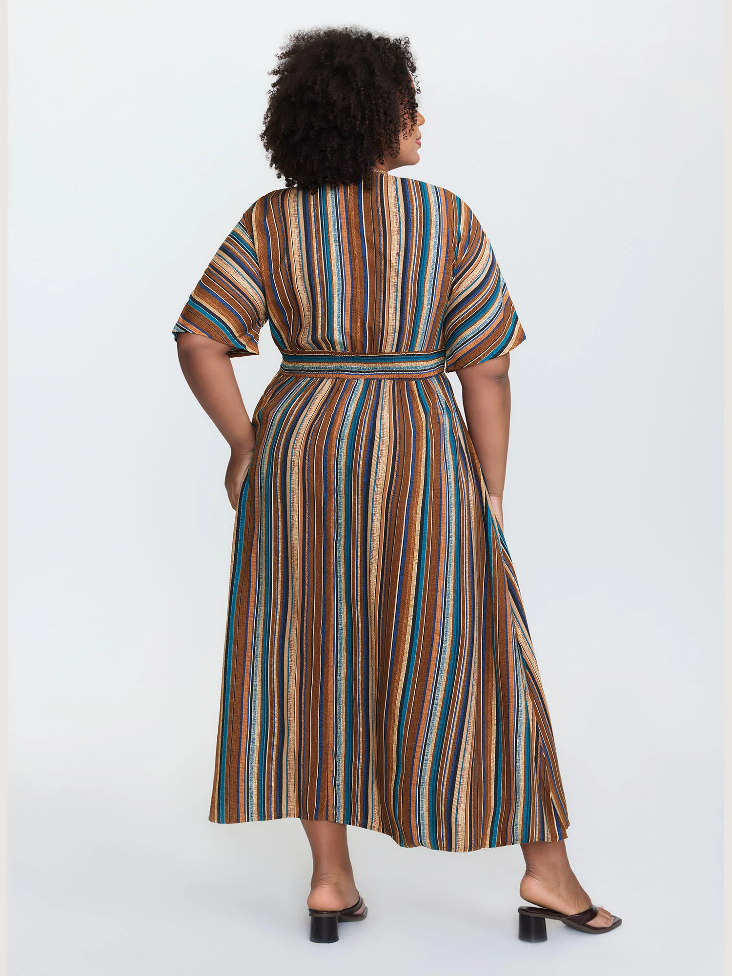 Striped Contrast Dolman Sleeve Shirred Pocket Split Flutter Dress - Image 15
