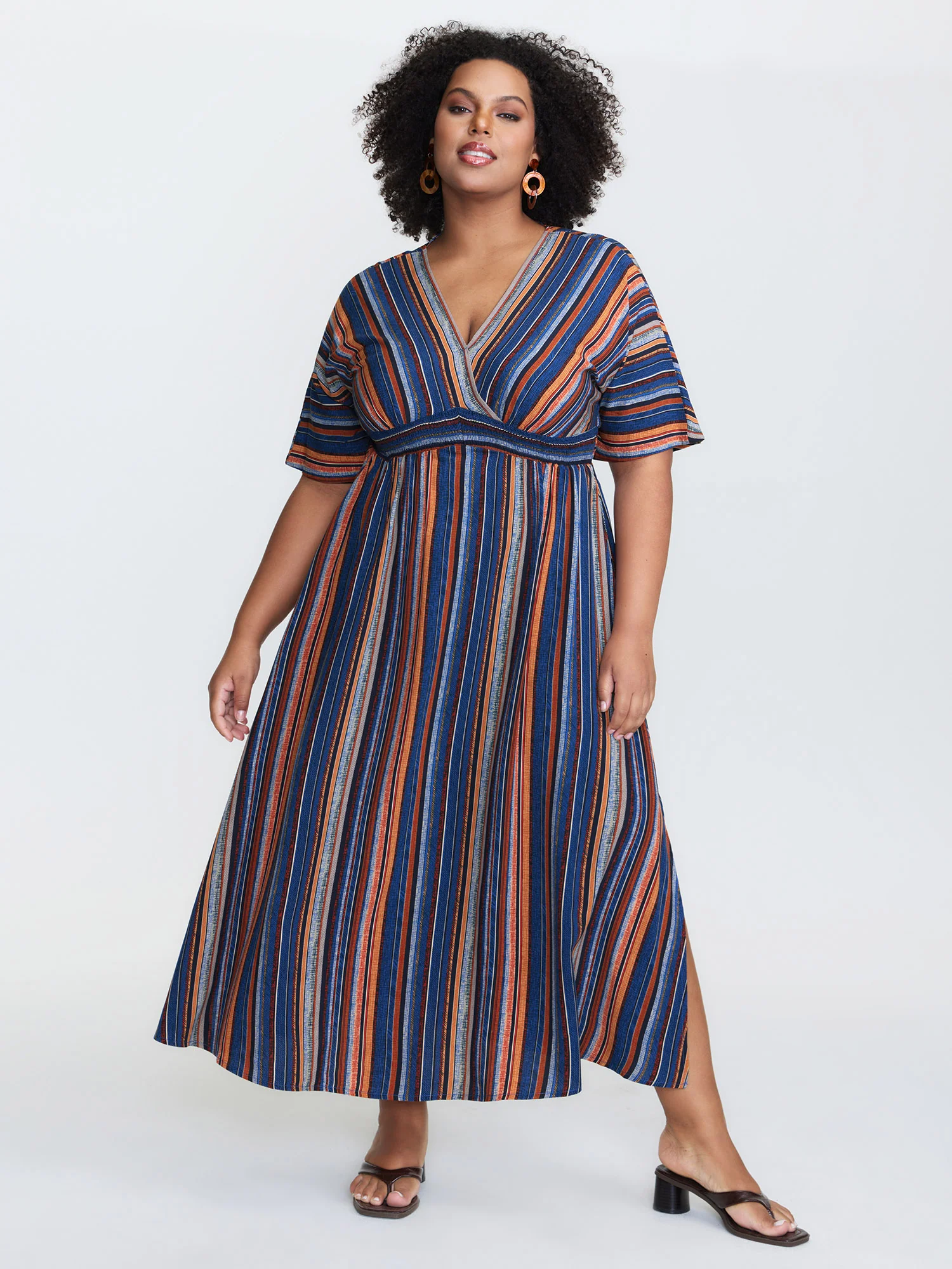 Striped Contrast Dolman Sleeve Shirred Pocket Split Flutter Dress - Image 3
