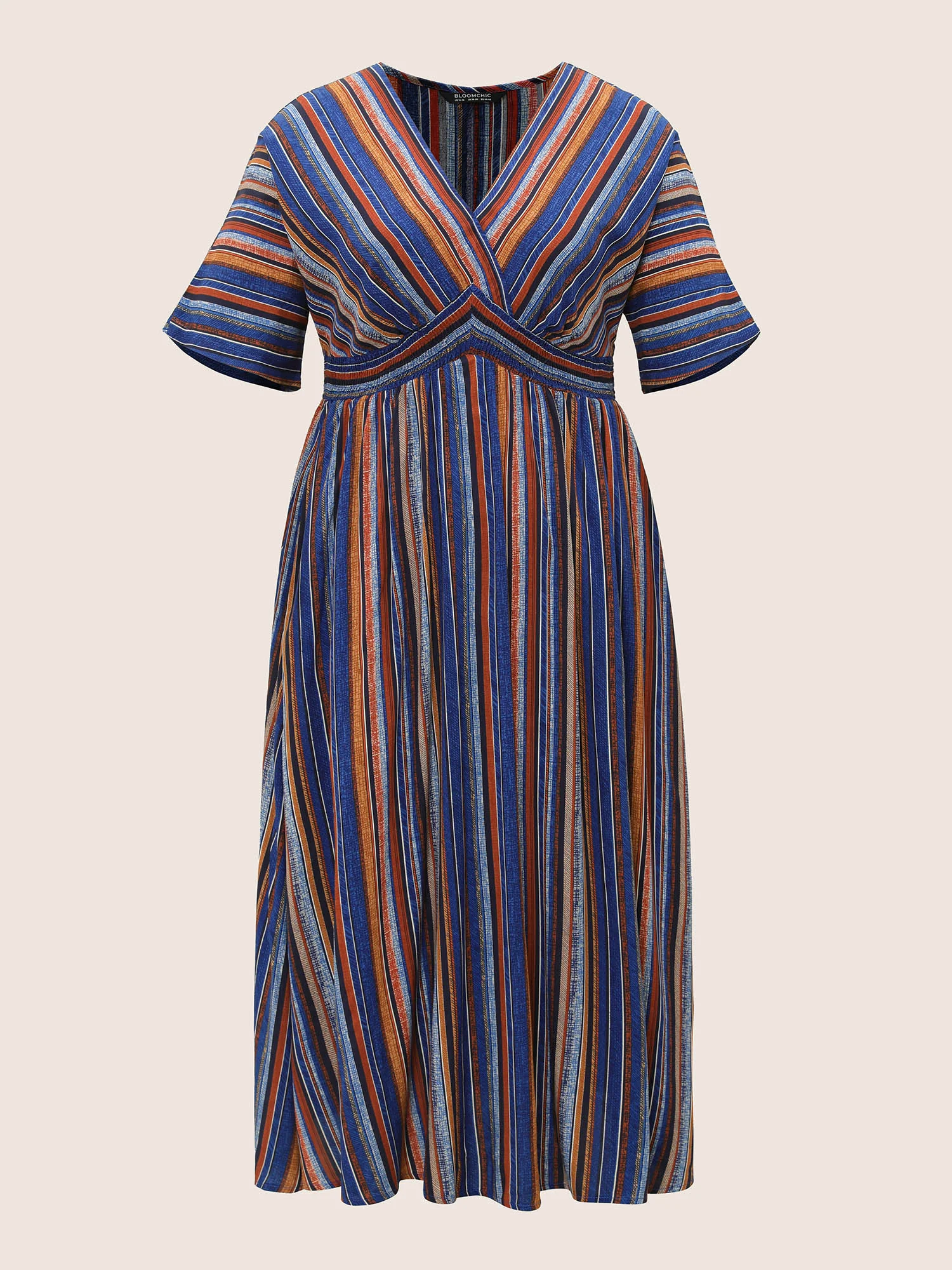 Striped Contrast Dolman Sleeve Shirred Pocket Split Flutter Dress - Image 7