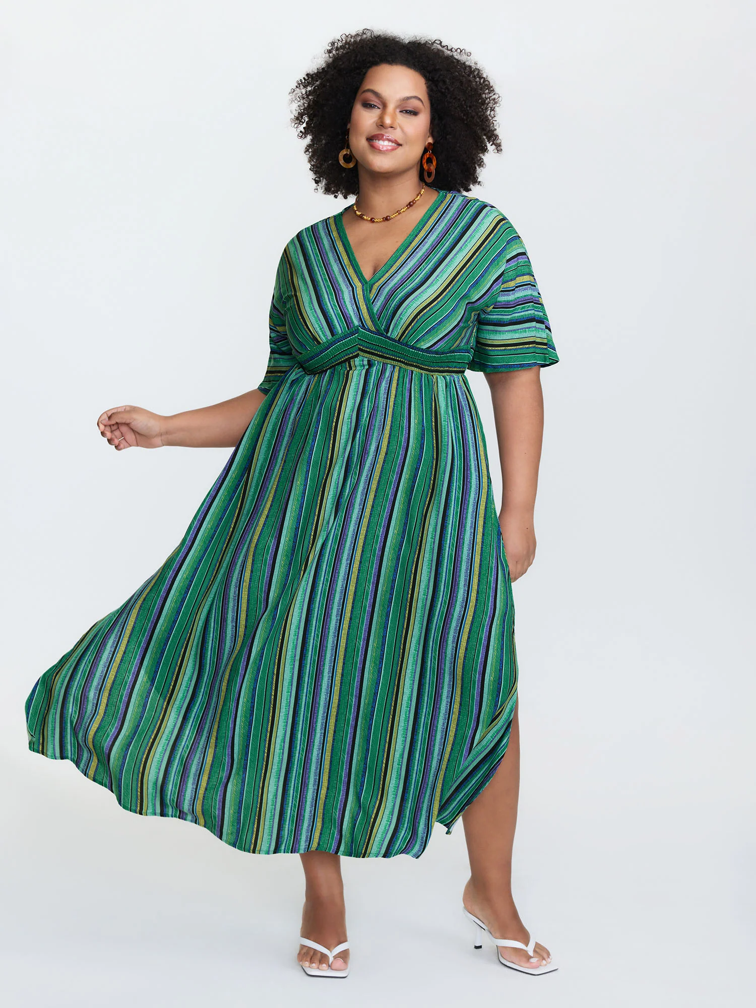 Striped Contrast Dolman Sleeve Shirred Pocket Split Flutter Dress - Image 8
