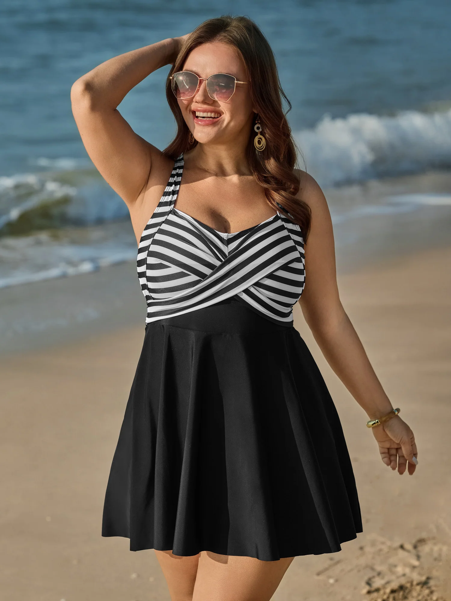 Striped Contrast Twist Front Swim Dress