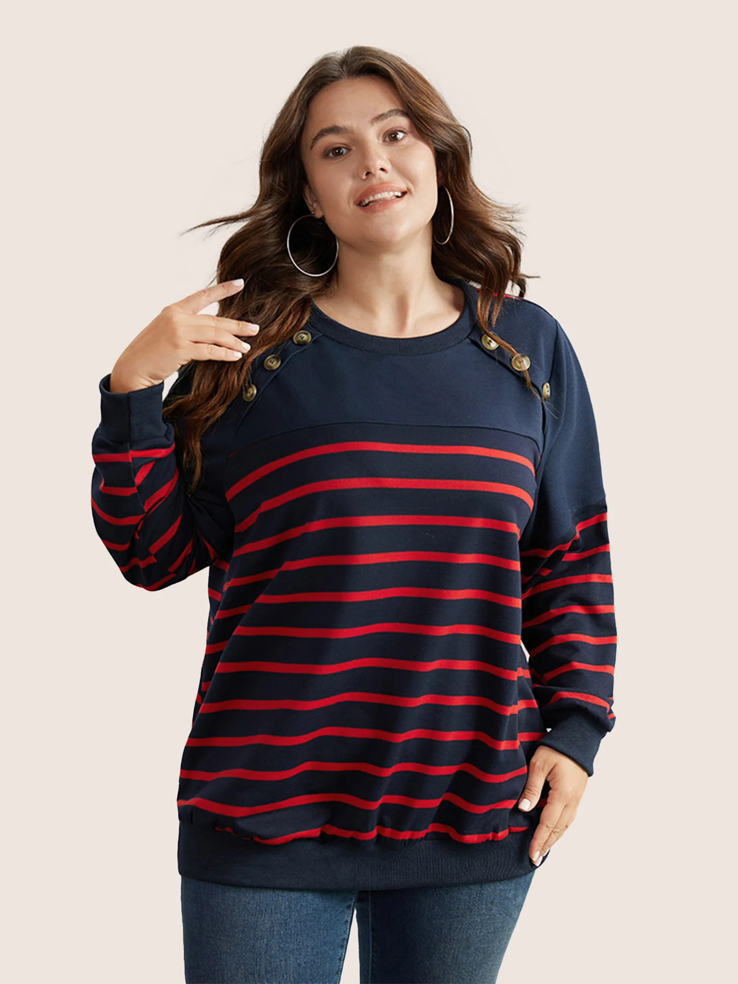 Striped Patchwork Button Detail Sweatshirt - Image 3