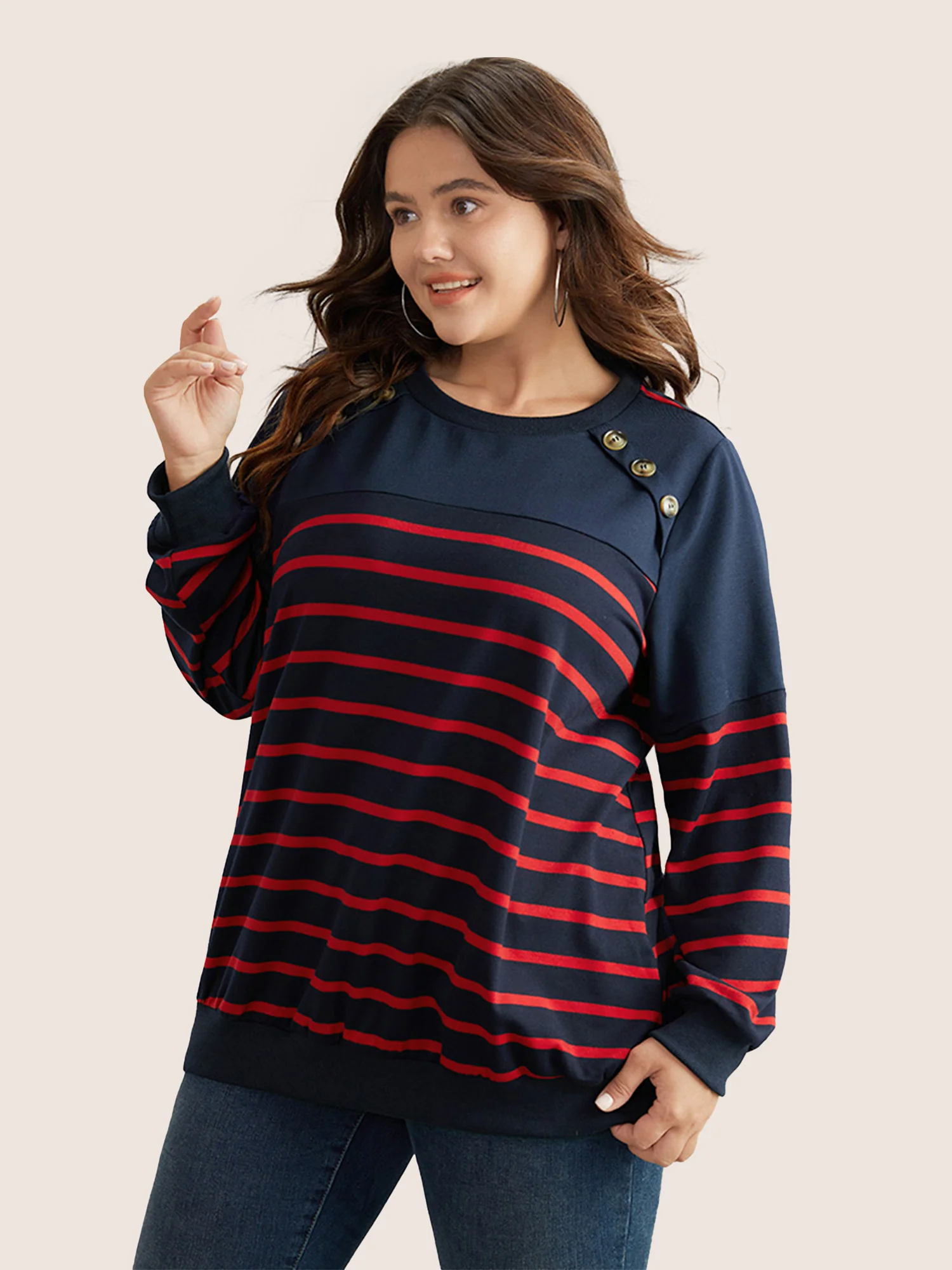 Striped Patchwork Button Detail Sweatshirt - Image 4