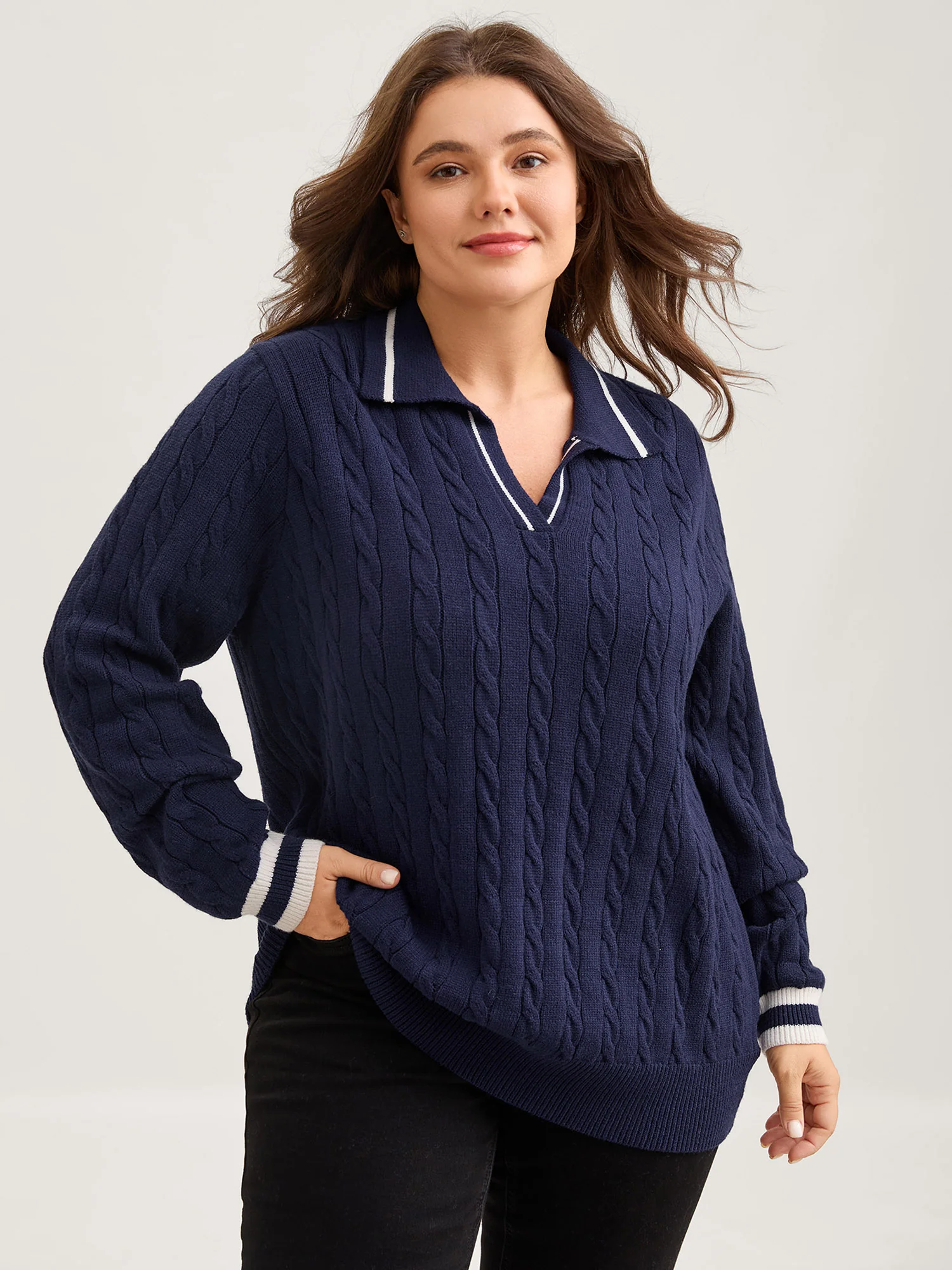 Supersoft Cable Knit Polo Collar Contrast Pullover - Image 2