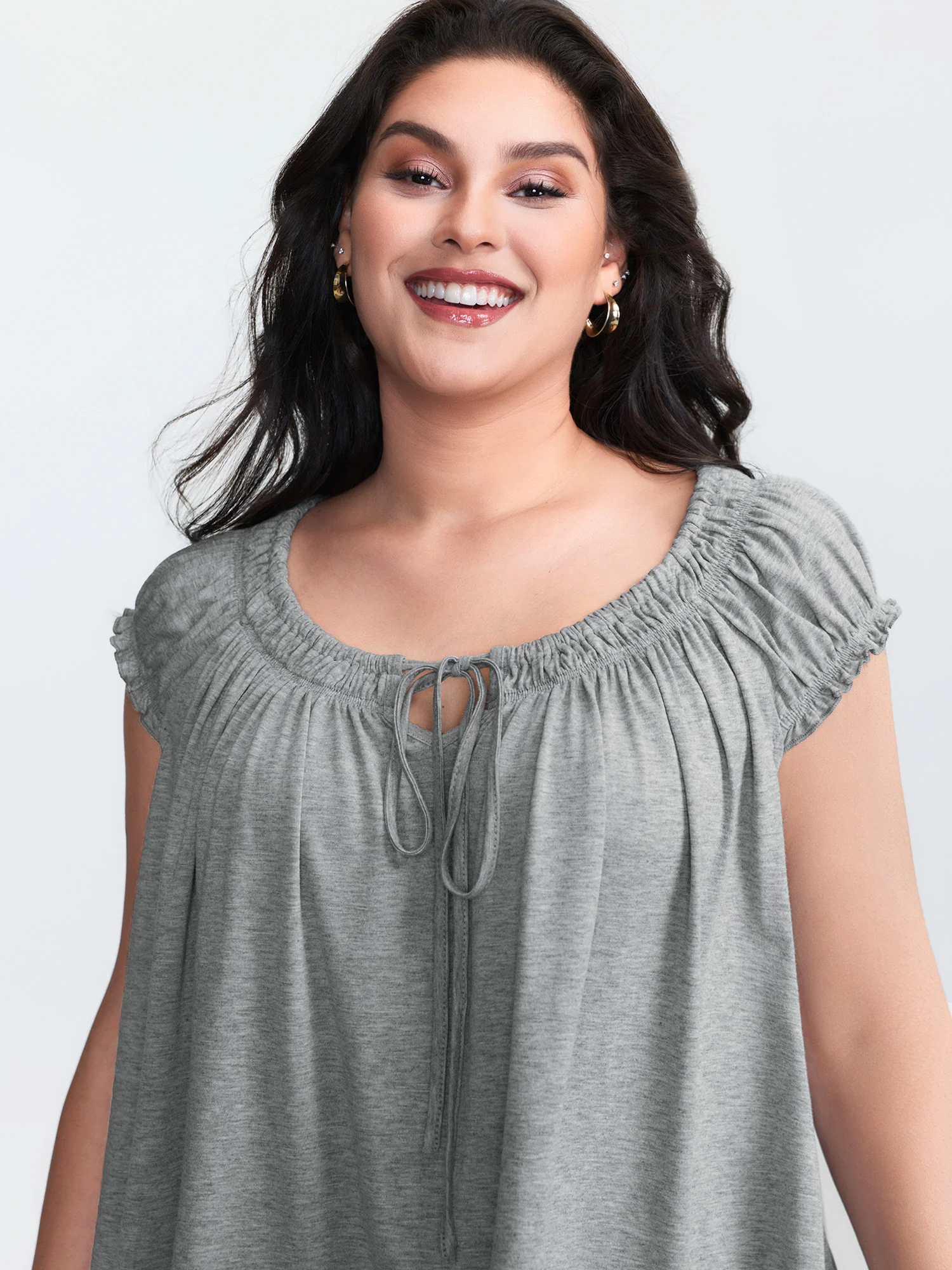 Supersoft Shirred Drawstring Neckline Flowy Top - Image 2