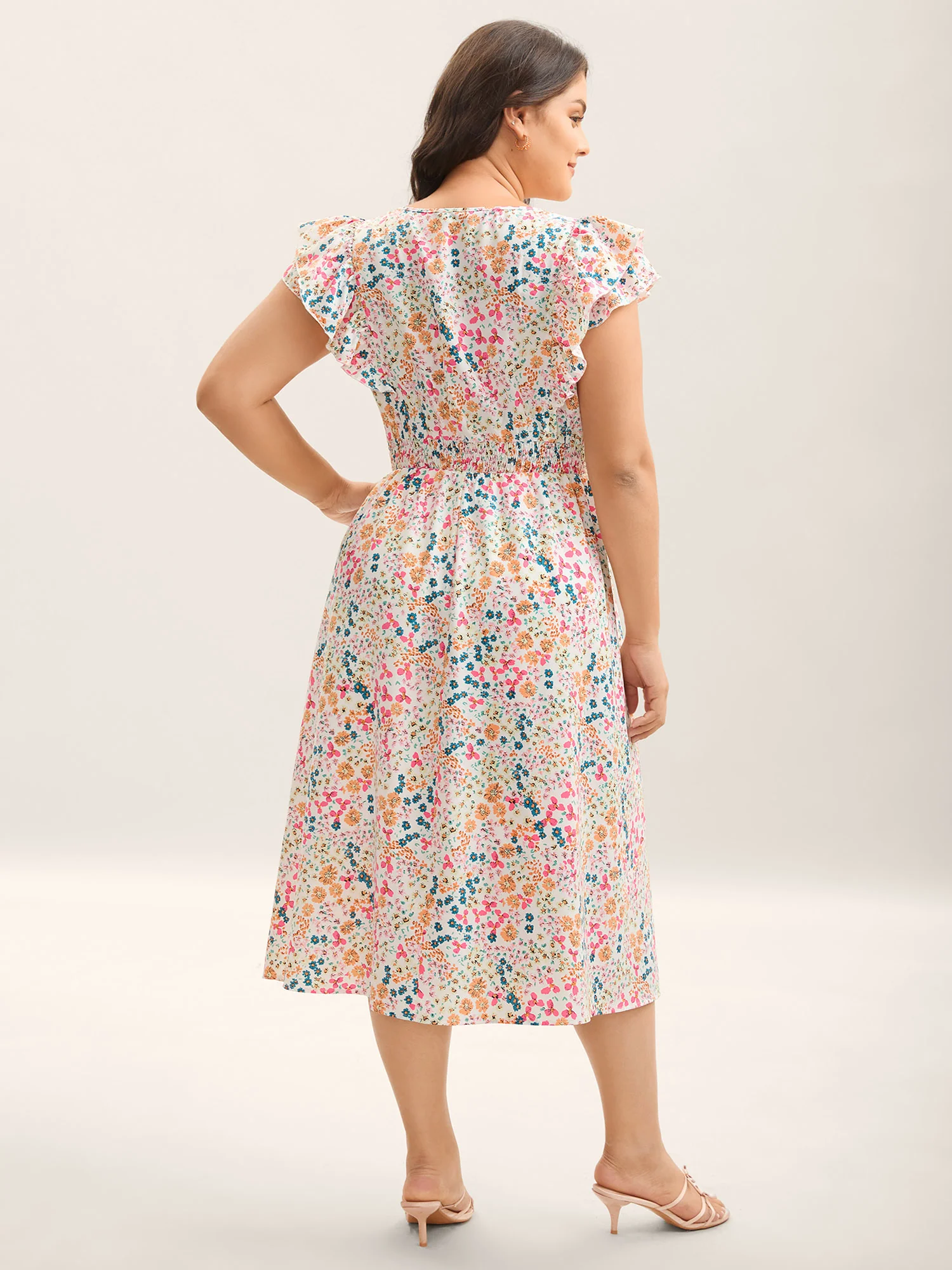 Sweet Floral Print Lace Neck Midi Dress - Image 4